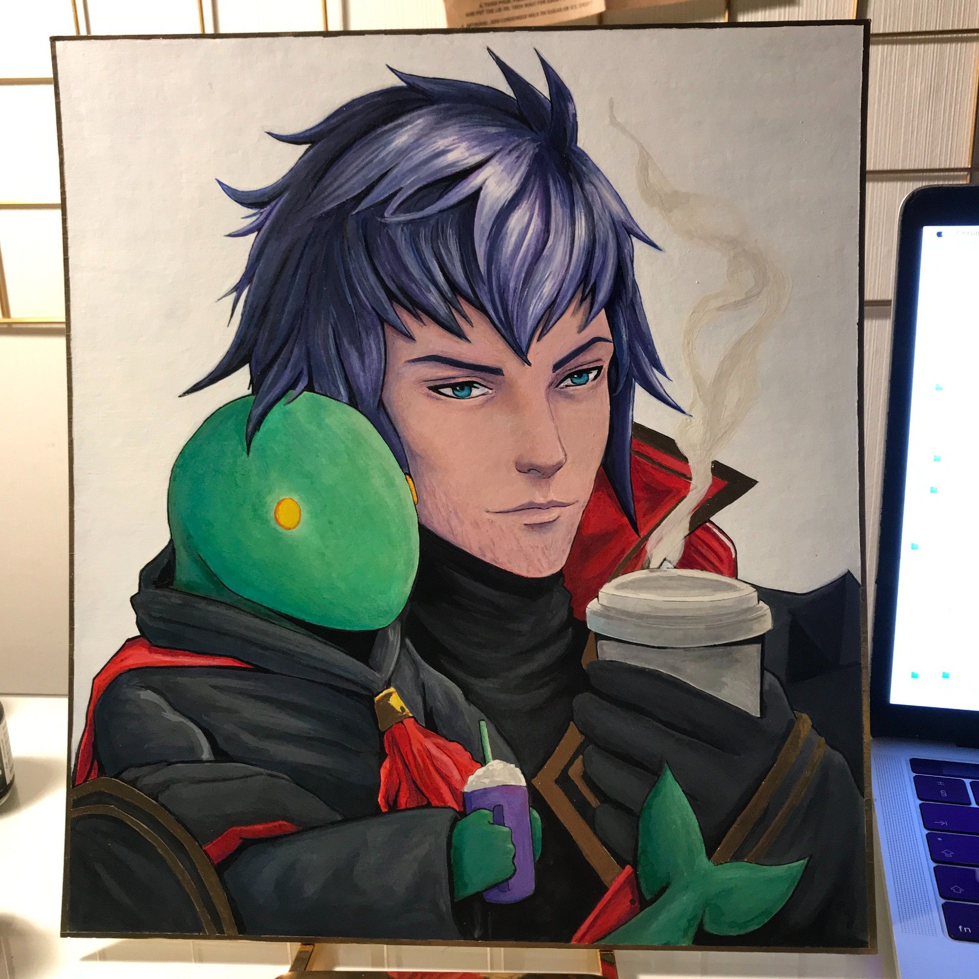 A cropped portrait painting of Kurasame holding a steaming coffee cup while steadying tonberry on his shoulder. Tonberry has a small purple cup with a straw. The painting was made on shikishi board using inks.