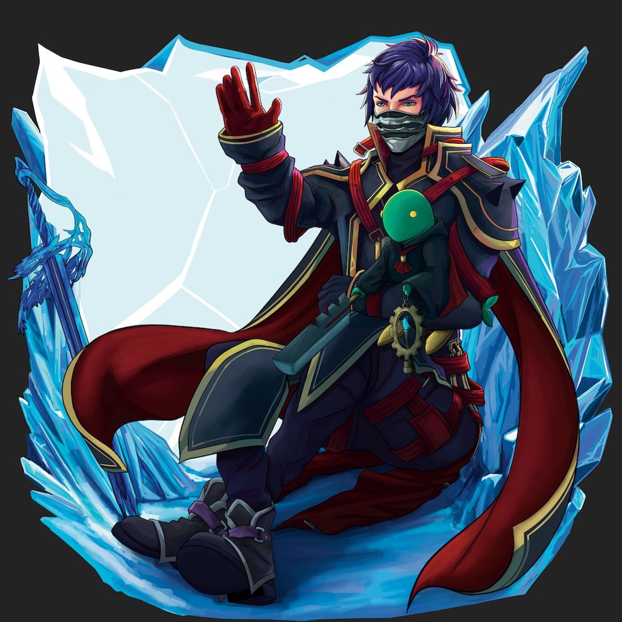 Commander Kurasame in military uniform. His right hand is raised as if issuing his usual blessing of the crystal, while he holds tonberry with his left arm. Behind him is a backdrop of ice,, with the boreal blade emerging from the left.