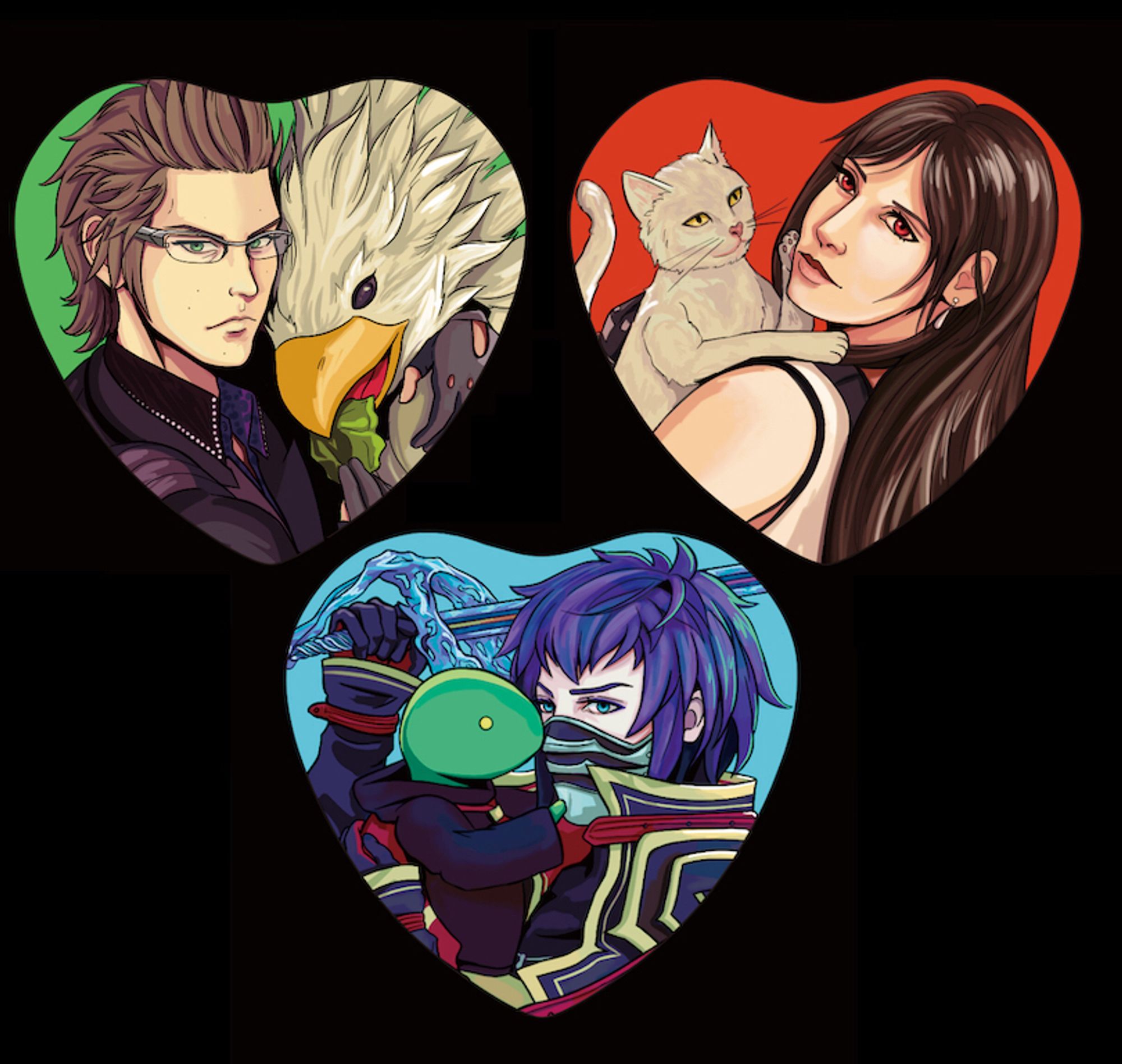 Heart button designs for Ignis, Tifa and Kurasame. All three are holding associated animals, with Ignis feeding greens to a chocobo, Tifa holding her cat and Kurasame holding his Tonberry.