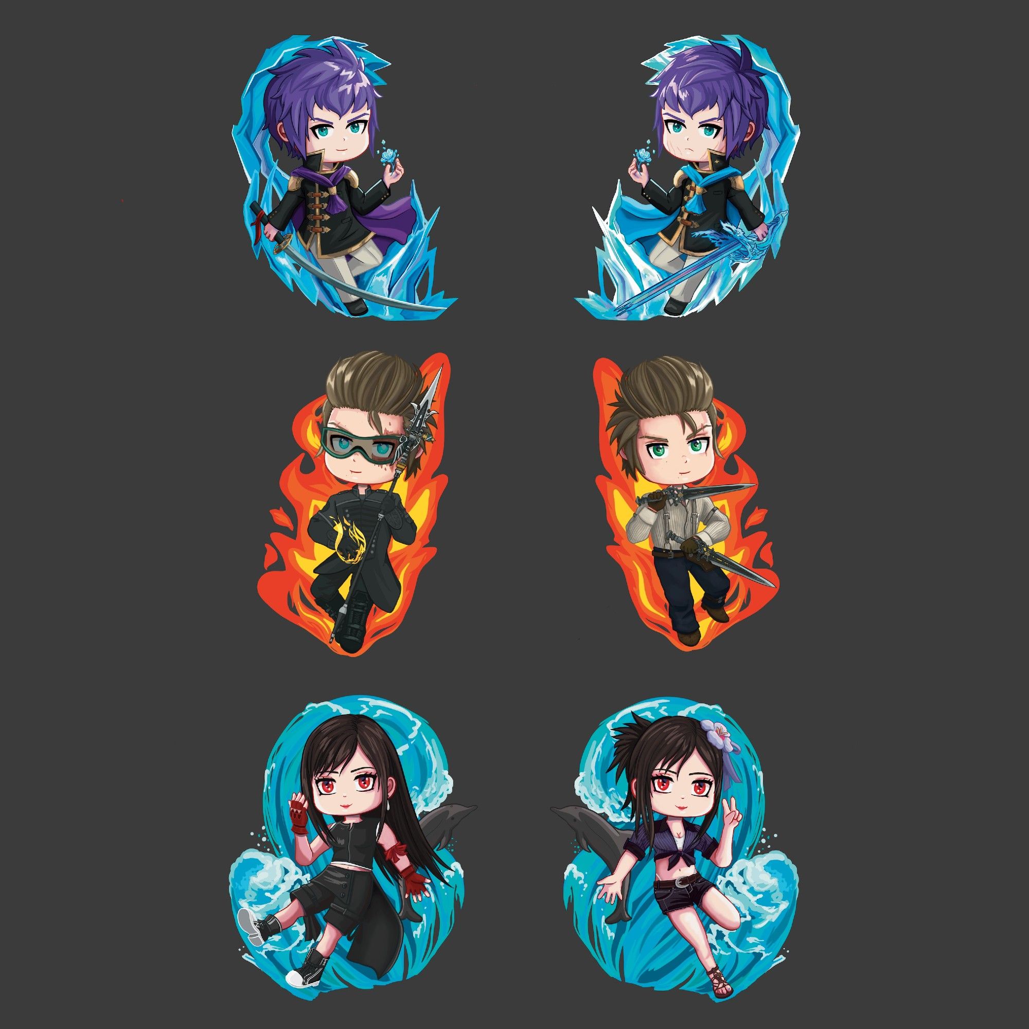 Chibi keychain designs of Kurasame, Ignis and Tifa.