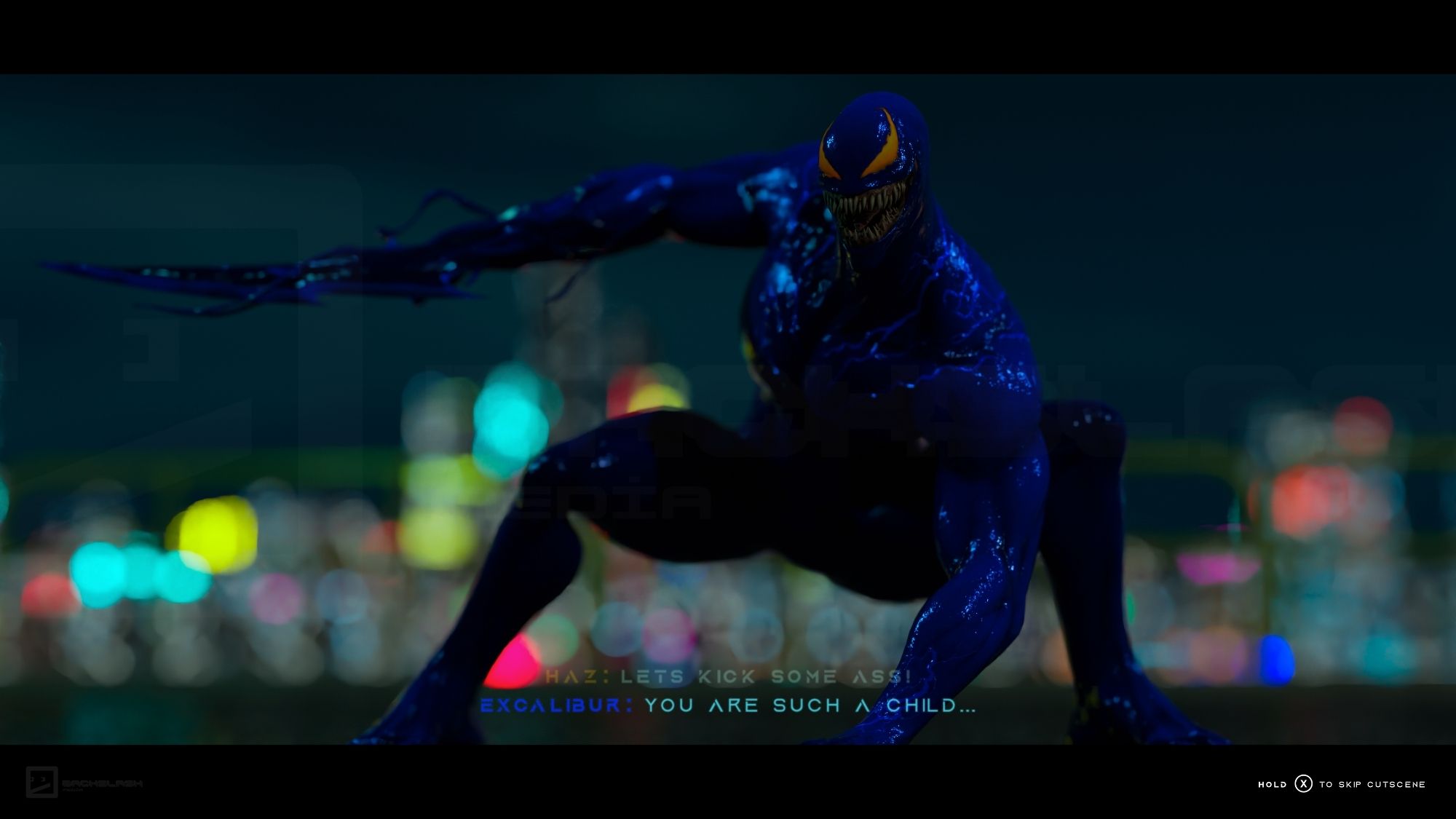 A render of a blue symbiote thing in a 3 point landing. One arm is a sword.