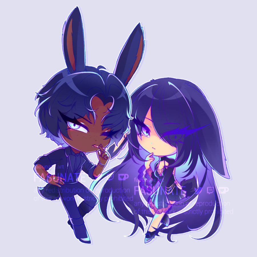 Super-deformed, or "chibi" illustrations of a pair of characters that have rabbit ears, known as Viera in the MMORPG Final Fantaxy XIV. The left-side character is masculine with darker skin and short, dark, fluffy hair, with ears that stand tall and vertical. He is huffing a cigarette and is dressed in an all-black semi-formal outfit with his sleeves rolled up. The right-side character is feminine with lighter skin and very long, dark hair with long lopped ears. They are outfitted in an elegant, revealing dress with lace and gold chains and heels. 