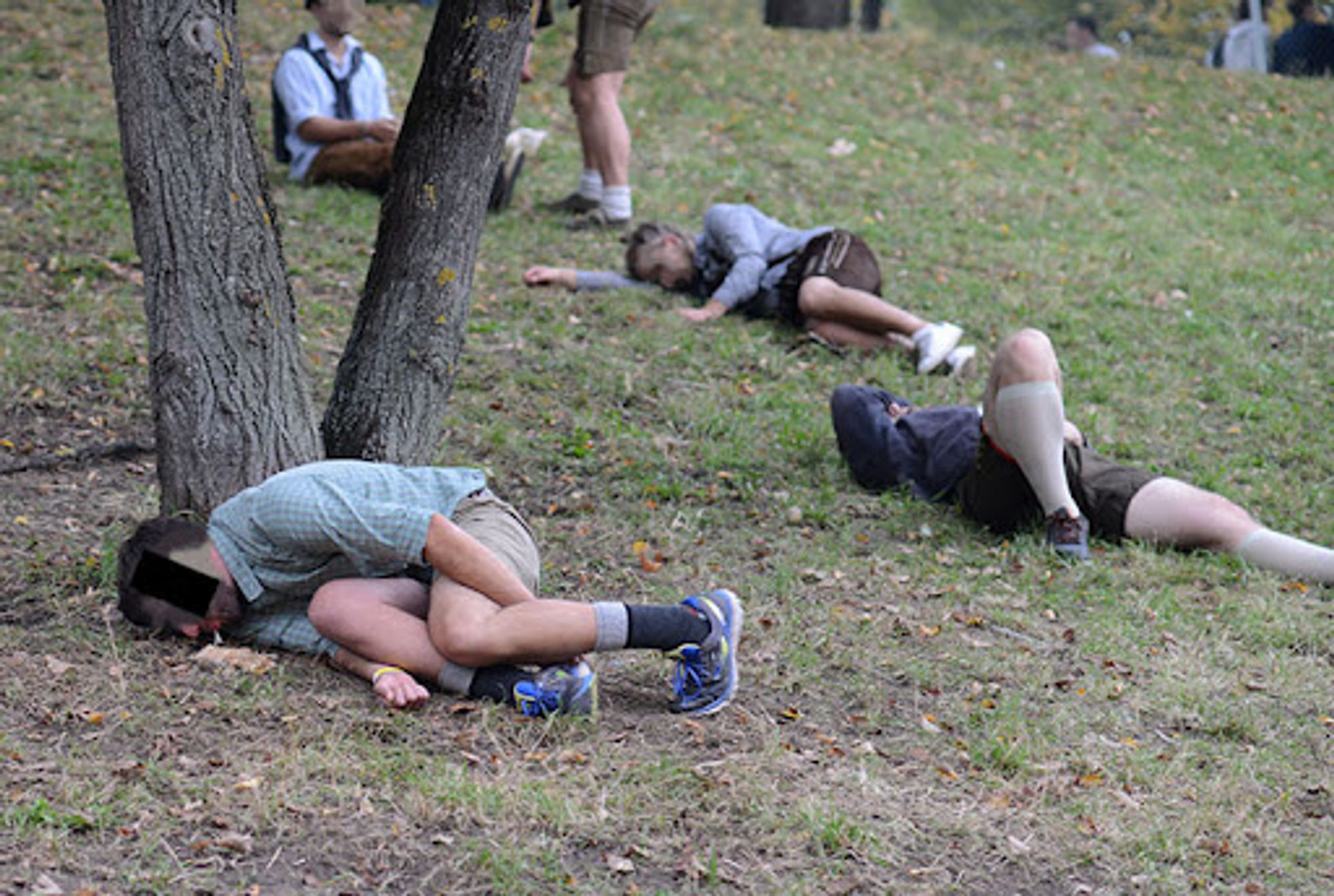 Menschen liegen betrunken im Seppl-Kostümen auf einem Hügel am Oktoberfestgelände. Quelle: http://www.muenchenkotzt.de