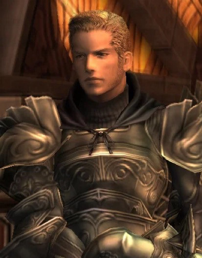 Gabranth from Final Fantasy XII standing in his judge magister armour and holding his helmet in his hands. His face shows a warm-toned blond man with short, neat hair. His expression is somewhat serious. 