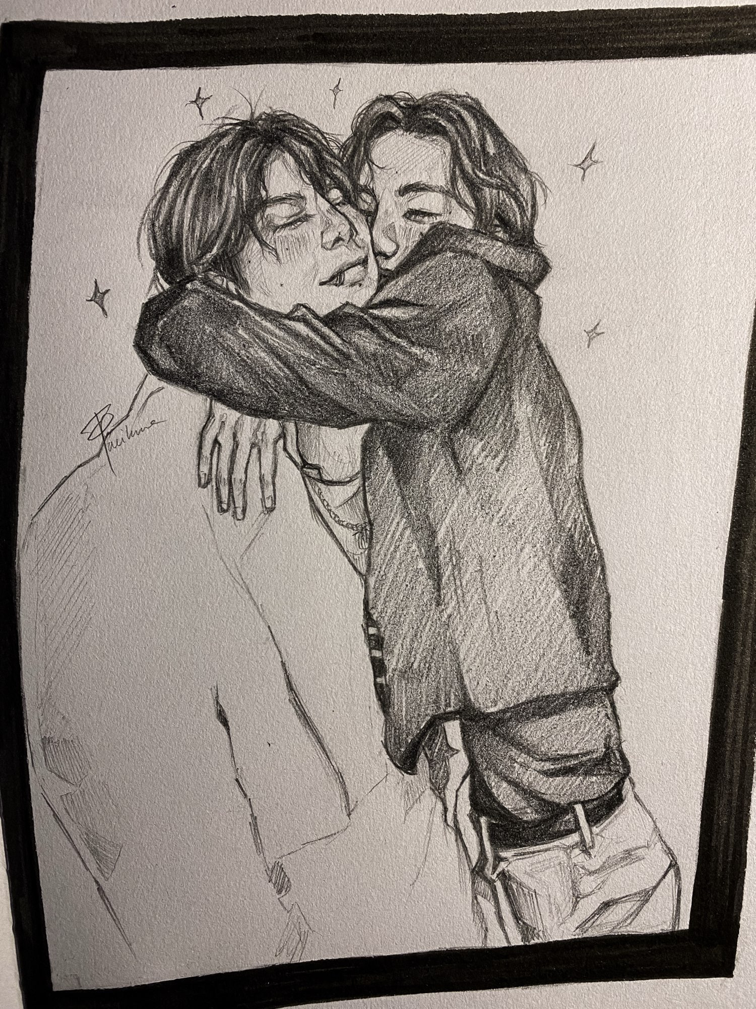 Traditional drawing of one of the pictures from the Seven Party’s polaroid, with Taehyung hugging Jeongguk, their faces squished together