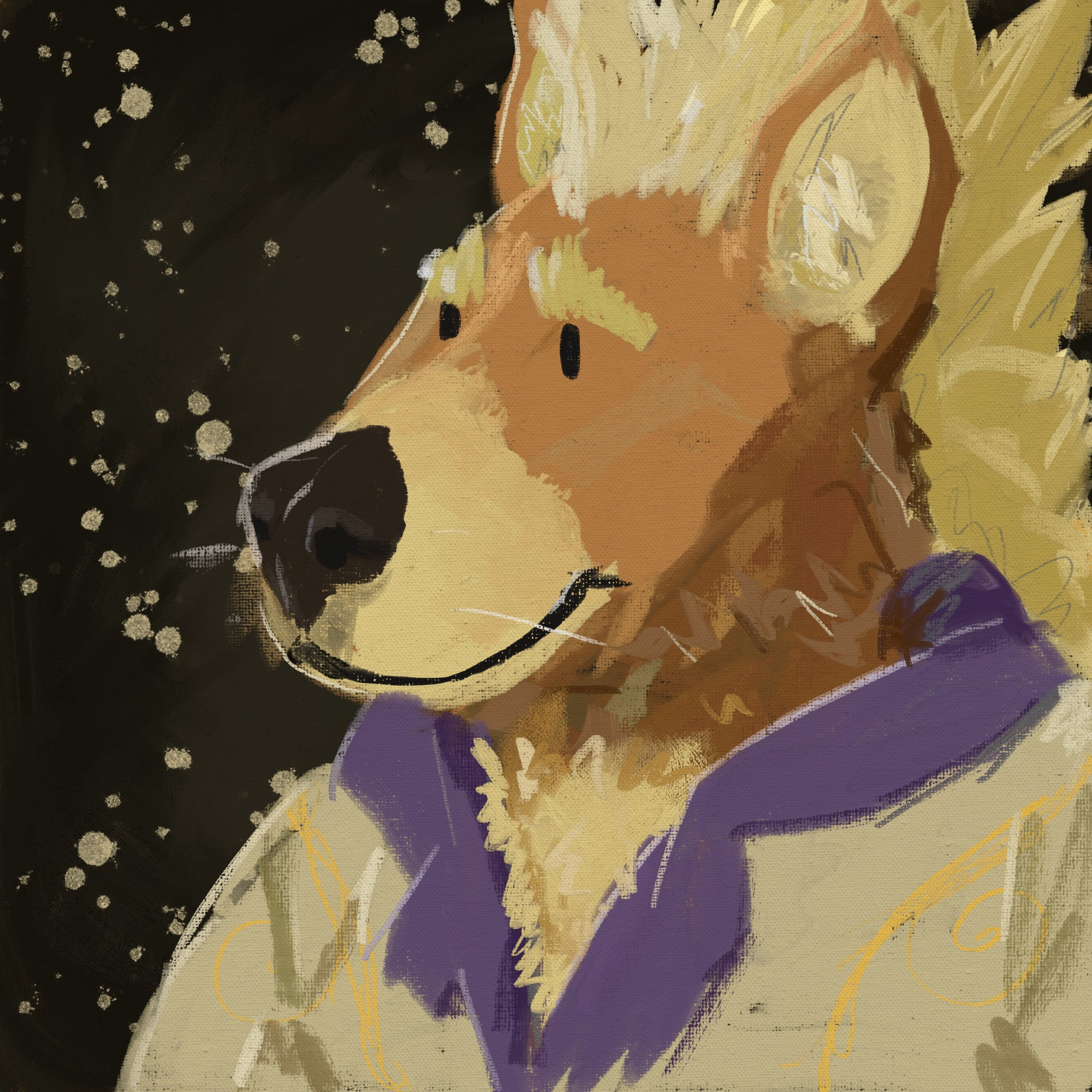 Oil styled portrait of a dapper gnoll. His fur is brown that has a light patch around his snout, with a blonde mane.