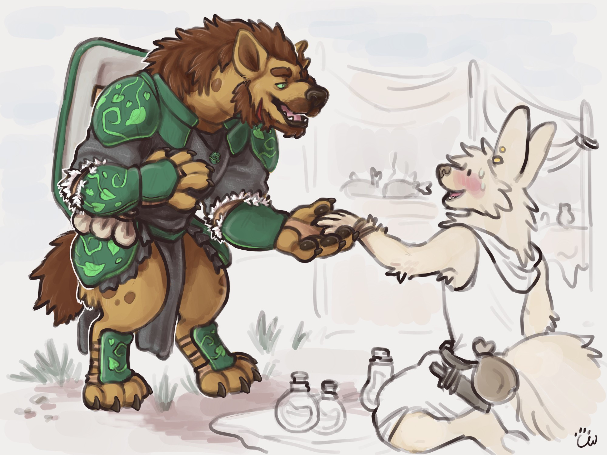 A picture of a gnoll in green, leaf patterned armor. He has his hand out to a white rabbit and seems to be turning the charm on