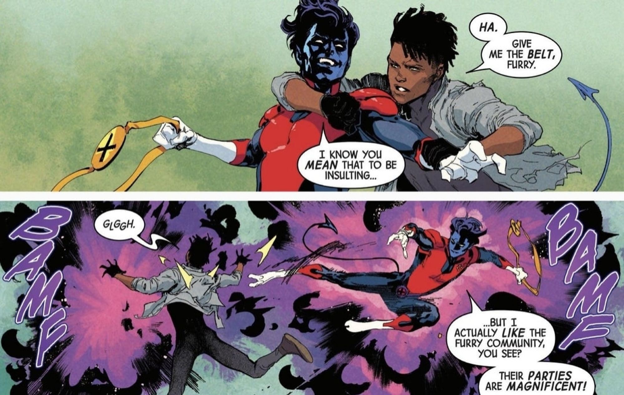 Nightcrawler loves the furry community 

Uncanny X-Men vol 6 #3 panel