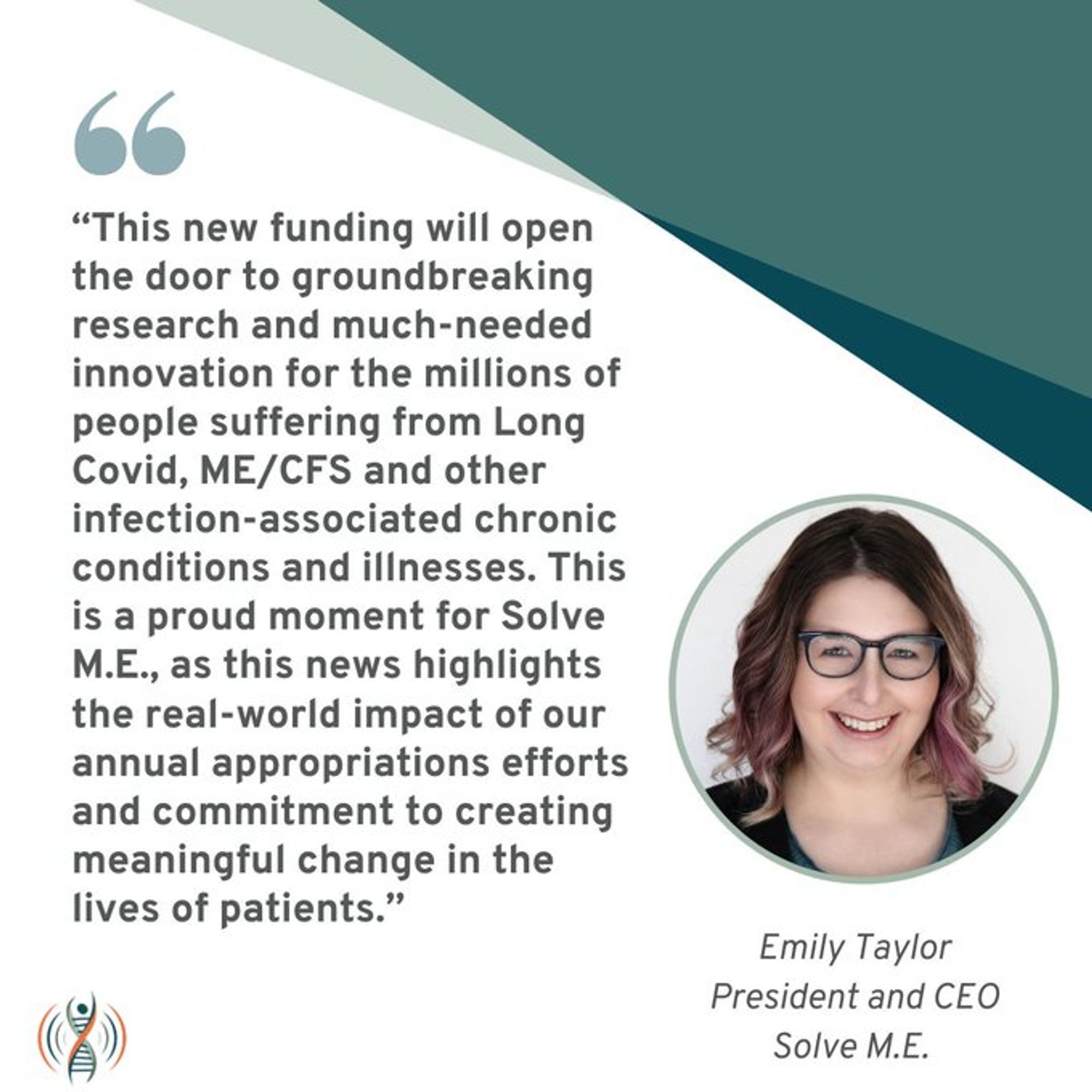 "This new funding will open
the door to groundbreaking
research and much-needed
innovation for the millions of
people suffering from Long
Covid, ME/CFS and other
infection-associated chronic
conditions and illnesses. This
is a proud moment for Solve
M.E., as this news highlights
the real-world impact of our
annual appropriations efforts
and commitment to creating
meaningful change in the
lives of patients."
Emily Taylor
President and CEO
Solve M.E.