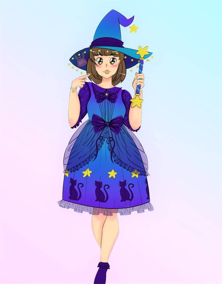 Digital drawing of a fair skin girl in a frilly blue and purple dress with cat silhouette and stars on it with brown shoulder lenght hair and brown eyes with a matching witch hat and a star wand on a light pink to baby blue background