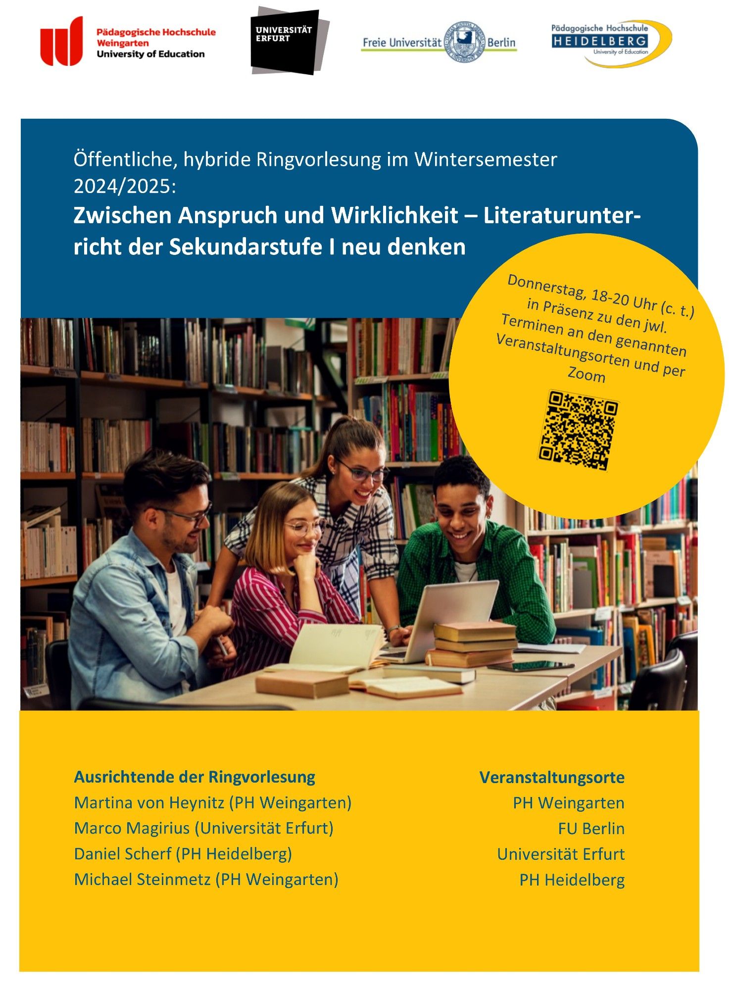 Plakat der Ringvorlesung: Zwischen Anspruch und Wirklichkeit – Literaturunterricht in der Sek I neu denken.