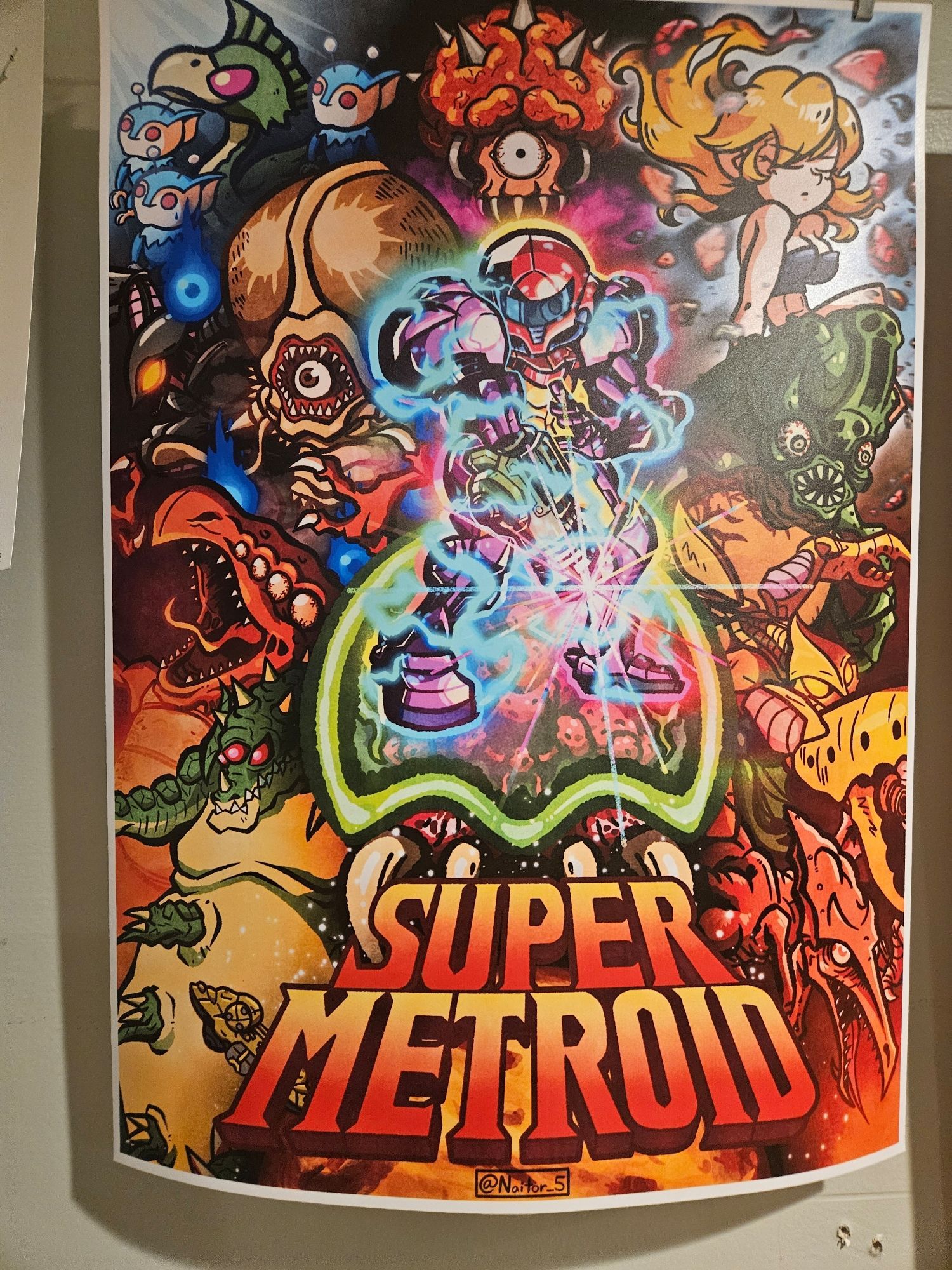 Super metroid poster by @Naitor_5 featuring Samus, Kraid, Ridley, Crocomire, Motherbrain, Draygon, Phantoon, the Space pirates, the animals, a Metroid, and Zero Suit Samus