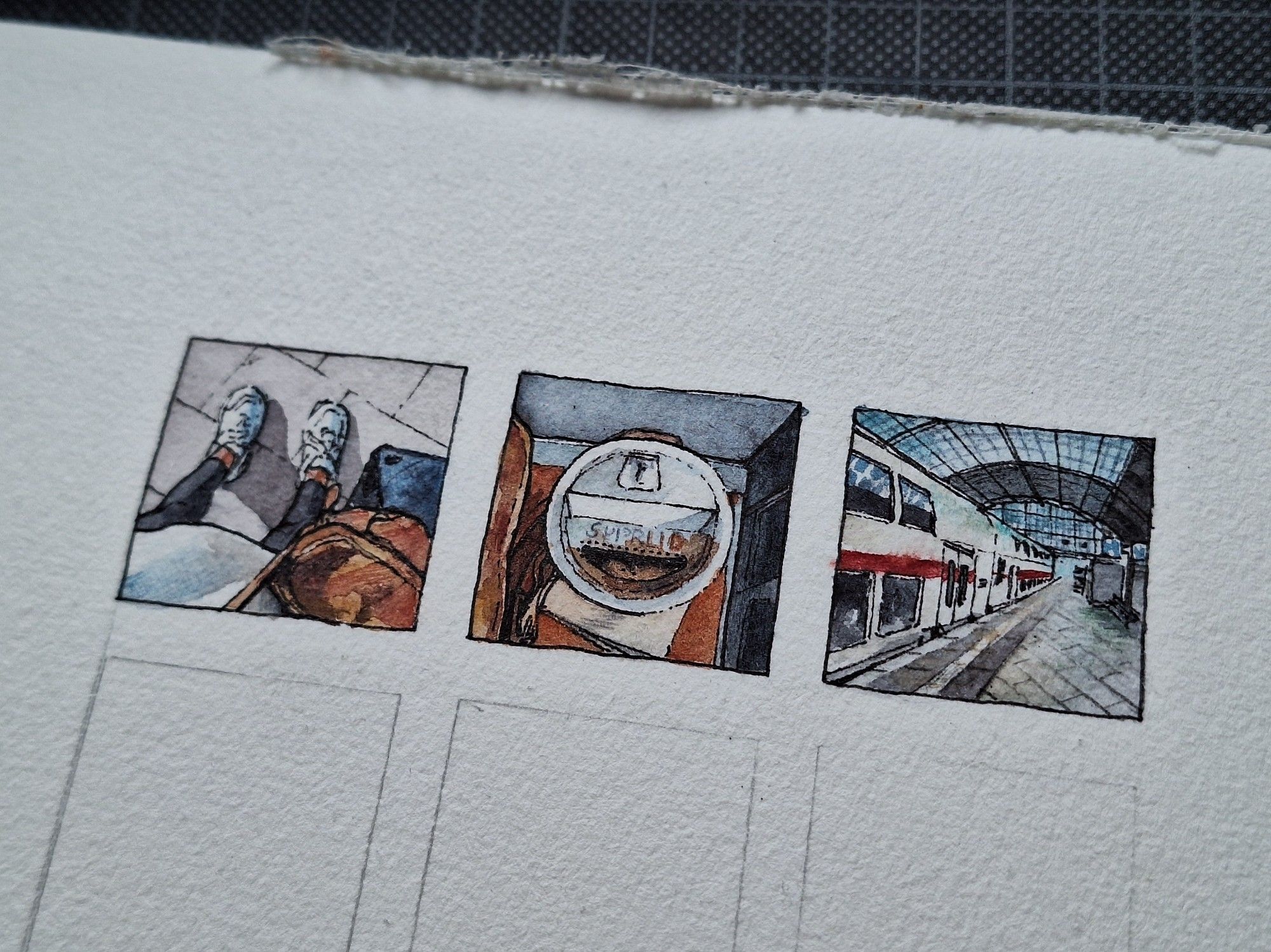 Three 3x3cm sized squares showing watercolour impressions of my journey to leipzig: feet with luggage, a coffee cup and leipzig main station