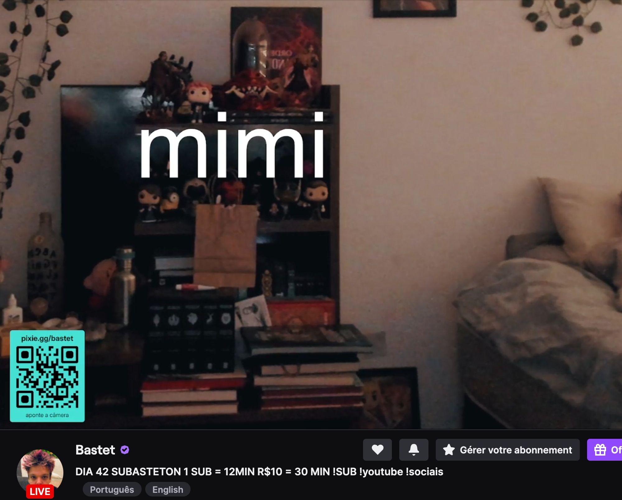 screen de Bastet's stream. 
We don't see him sleep as the image is cut to only let see a small part of the bed to give the idea without showing him sleeping (I have some respect for the streamers boundaries !)