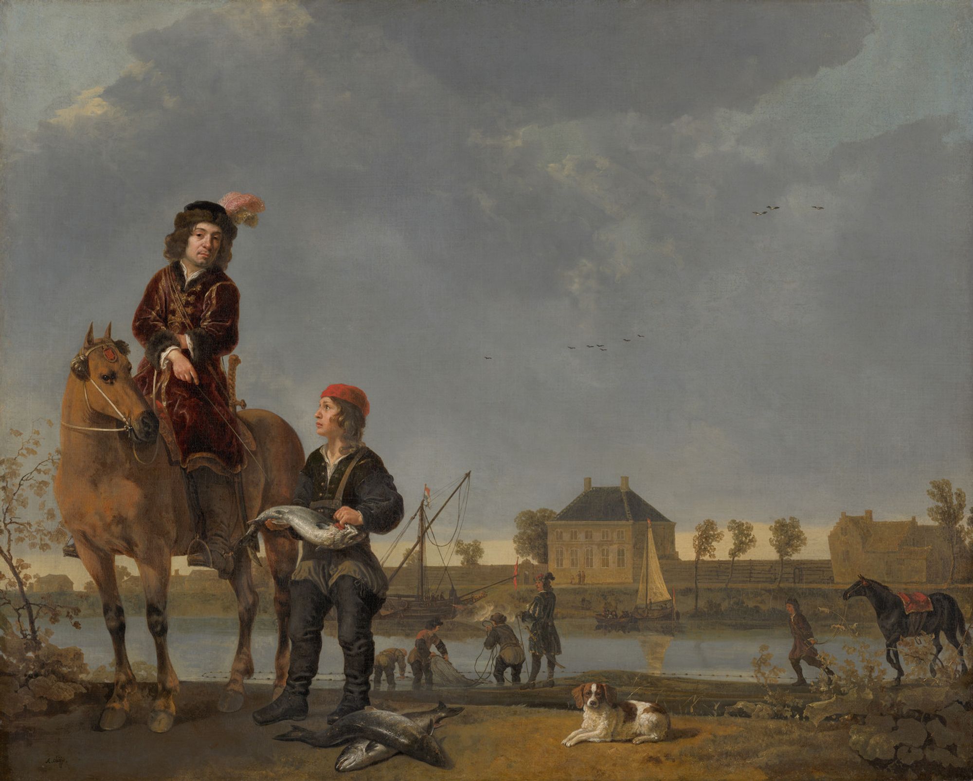 Pieter de Roovere, Lord of Hardinxveld, is sitting high on his horse, pointing with his whip to the salmon the fisherman is showing him. In the background, his men are salmon fishing – the main source of income in the village of Hardinxveld. The sky is dark, but there is still a strip of golden sunlight to be seen on the horizon. Cuyp, who worked in the neighbouring town of Dordrecht, chose a remarkably low vantage point here, making De Roovere tower above us and emphasising his impressive appearance.