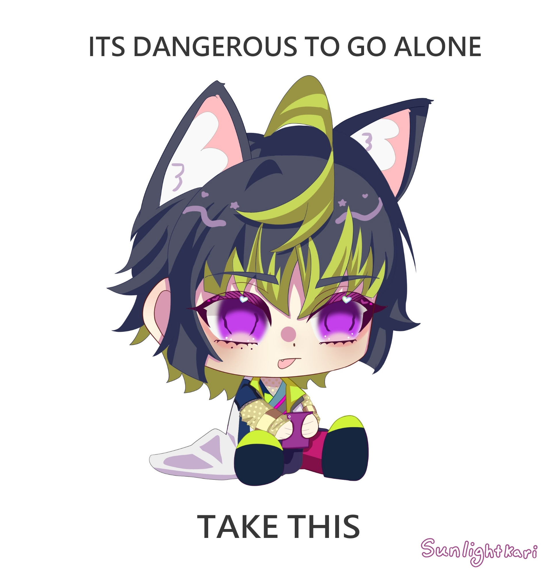 picture of ryuki in chibi form from game cupid parasite with text that says it's dangerous to go alone take this