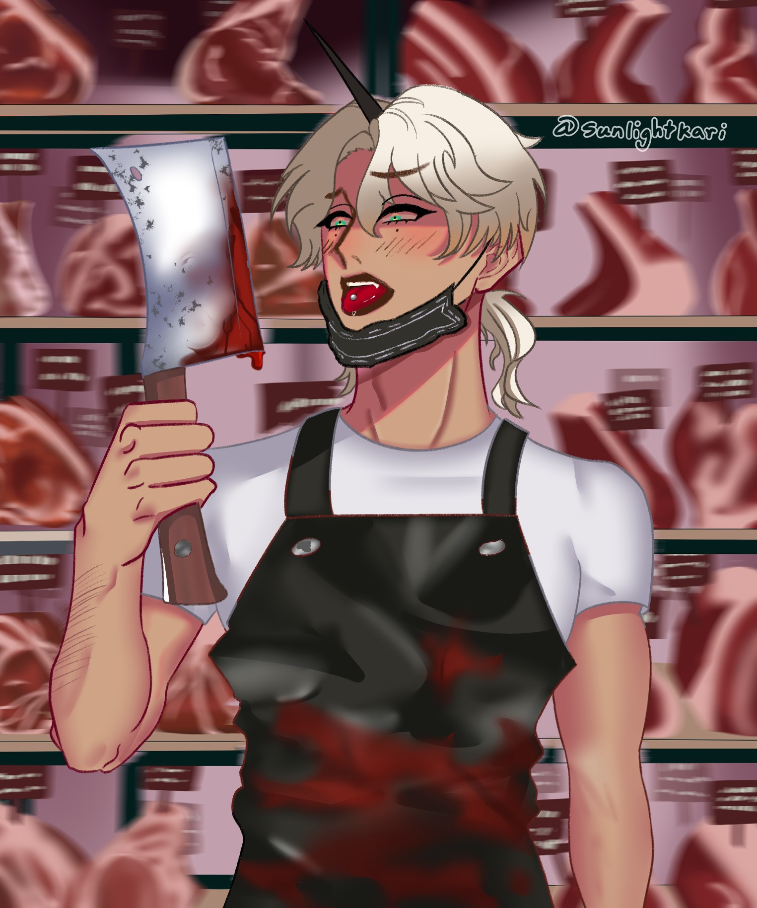 drawing of beelzebub from game what in hell is bad? wearing a butchers costume holding a cleaver with meat behind him on shelves 