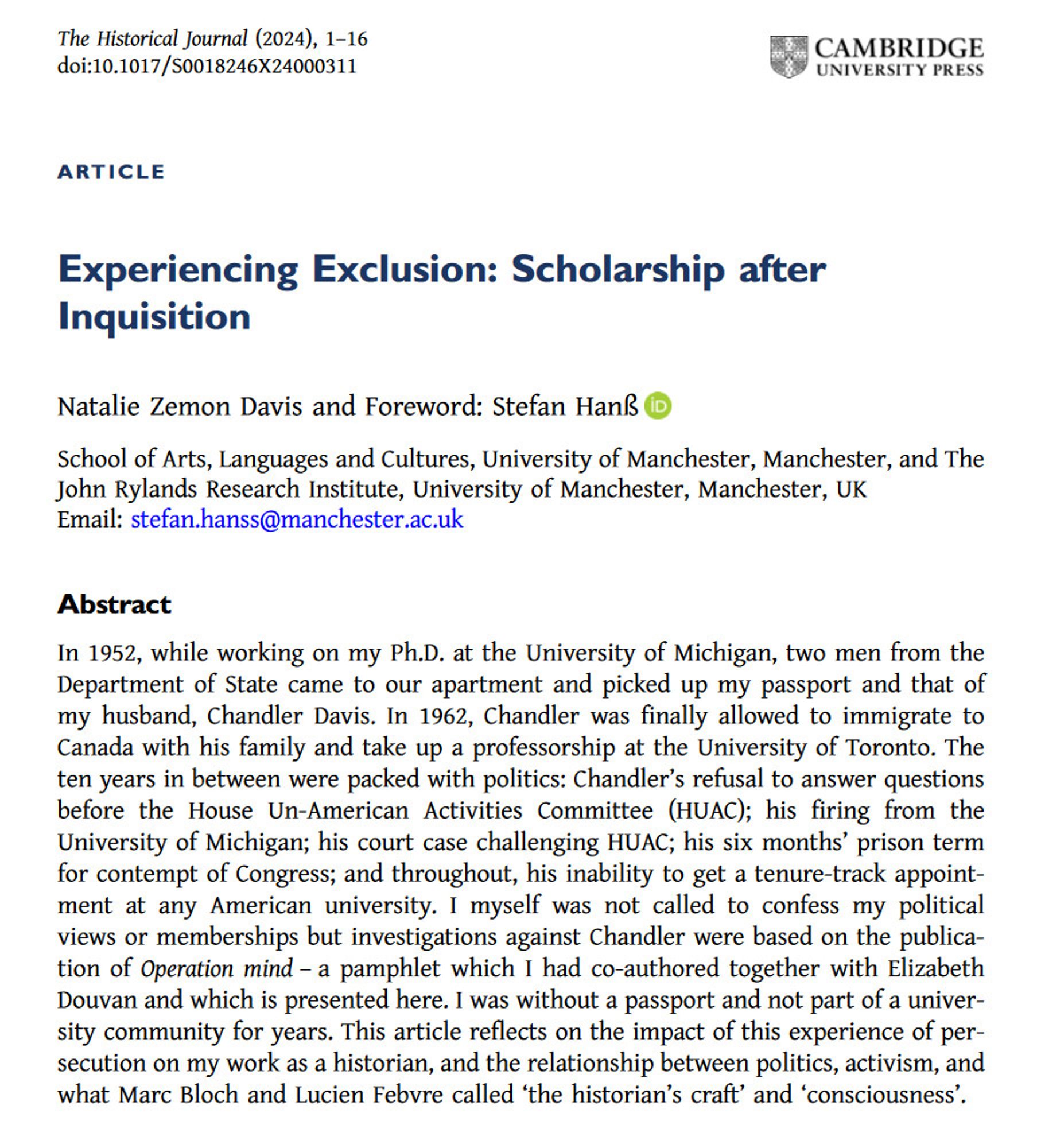 Screenshot of Davis, Natalie Zemon, and Stefan Hanß, ‘Experiencing Exclusion: Scholarship after Inquisition’, The Historical Journal, 2024, 1–16 <http://dx.doi.org/10.1017/S0018246X24000311>