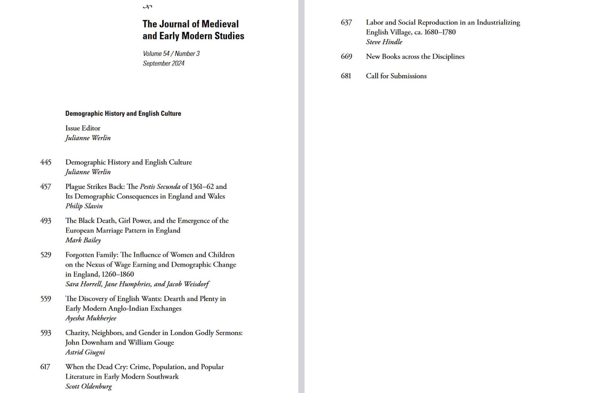 Screenshot of the table of contents of the September 2024 issue of The Journal of Medieval and Early Modern Studies.