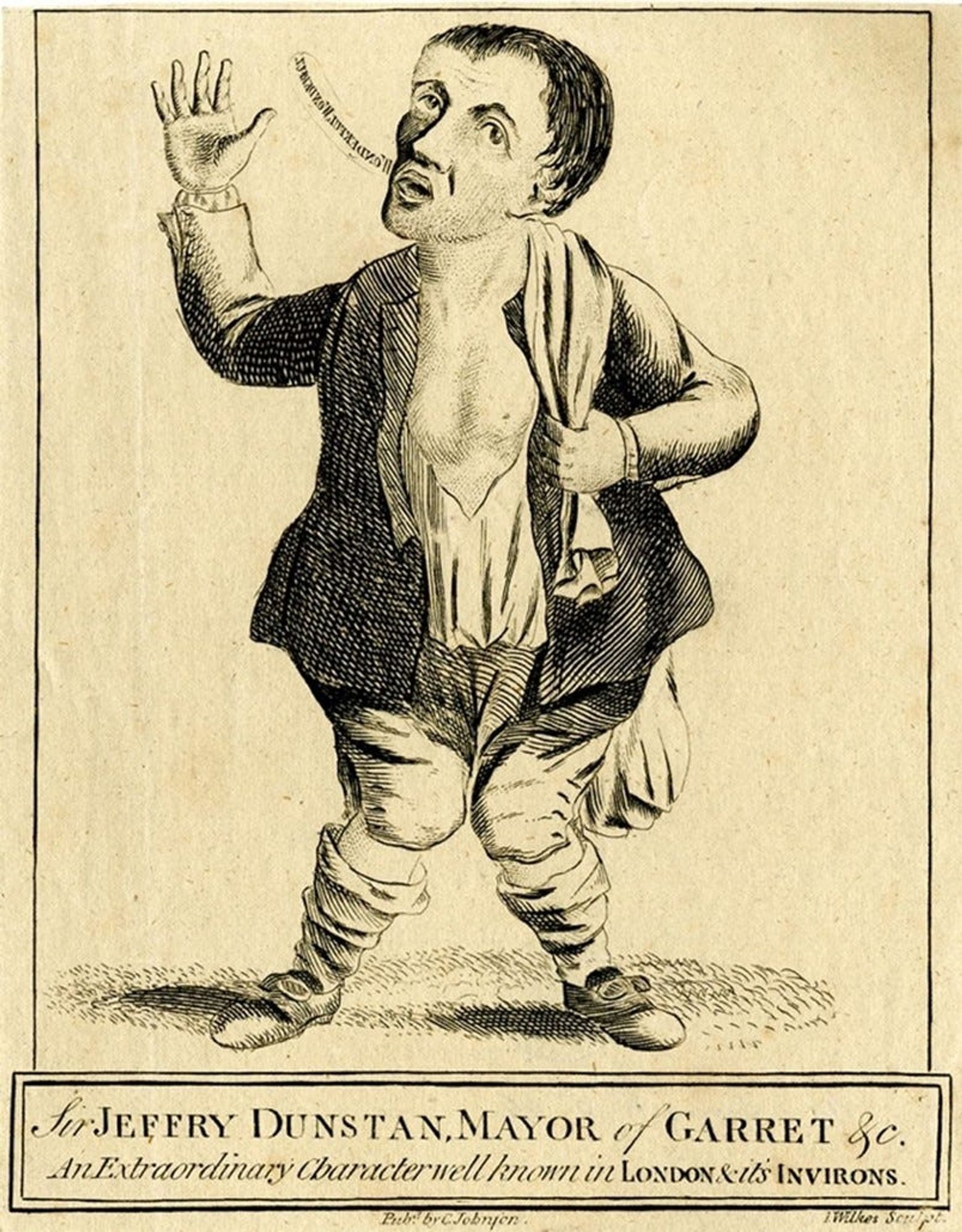 Image of a physically disabled man, entitled "Sir Jeffry Dunstan, Mayor of Garret", from the British Library collections.