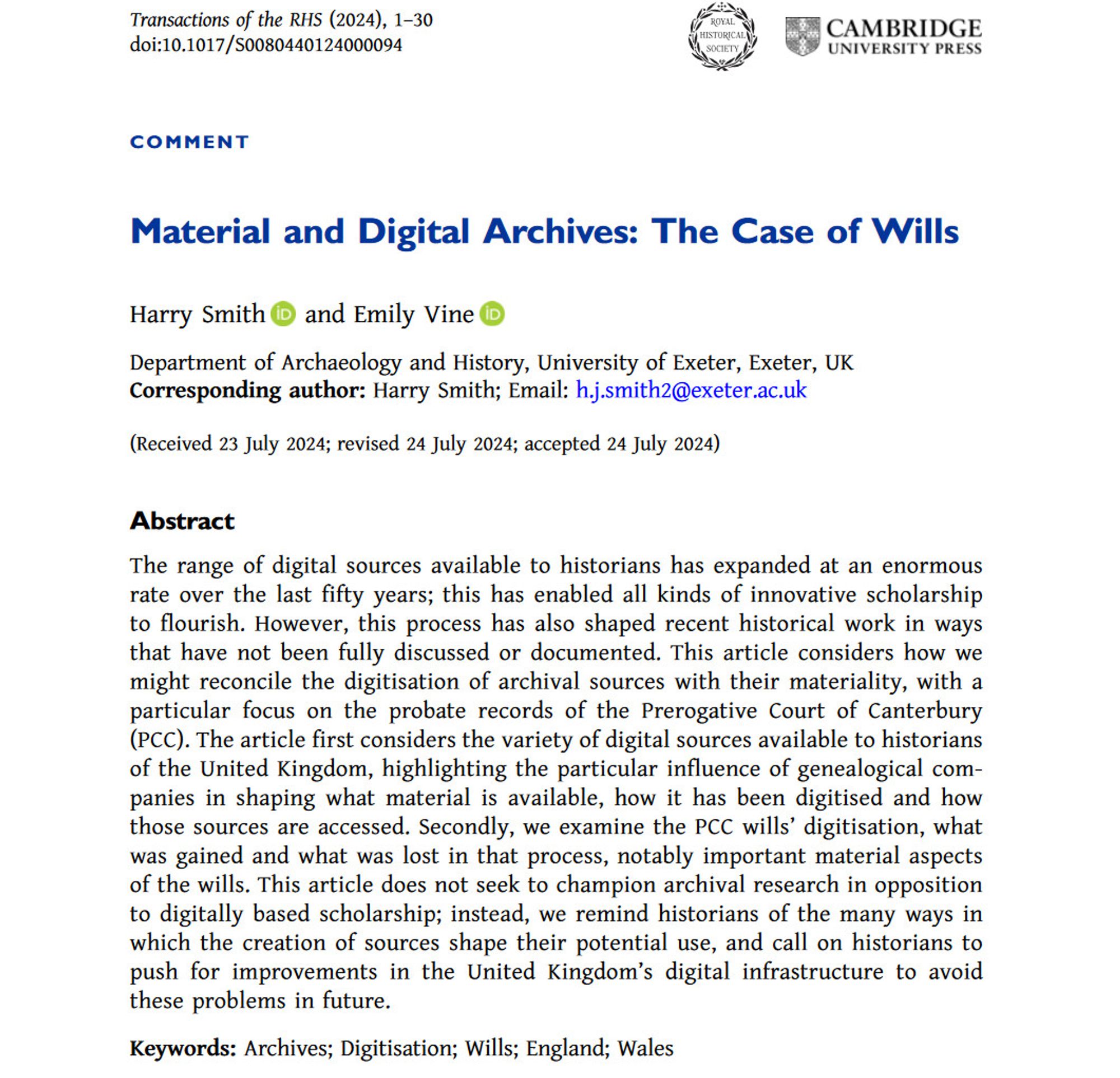 Screenshot of the first page of Harry Smith and Emily Vine, ‘Material and Digital Archives: The Case of Wills’, Transactions of the Royal Historical Society, 2024, 1–30