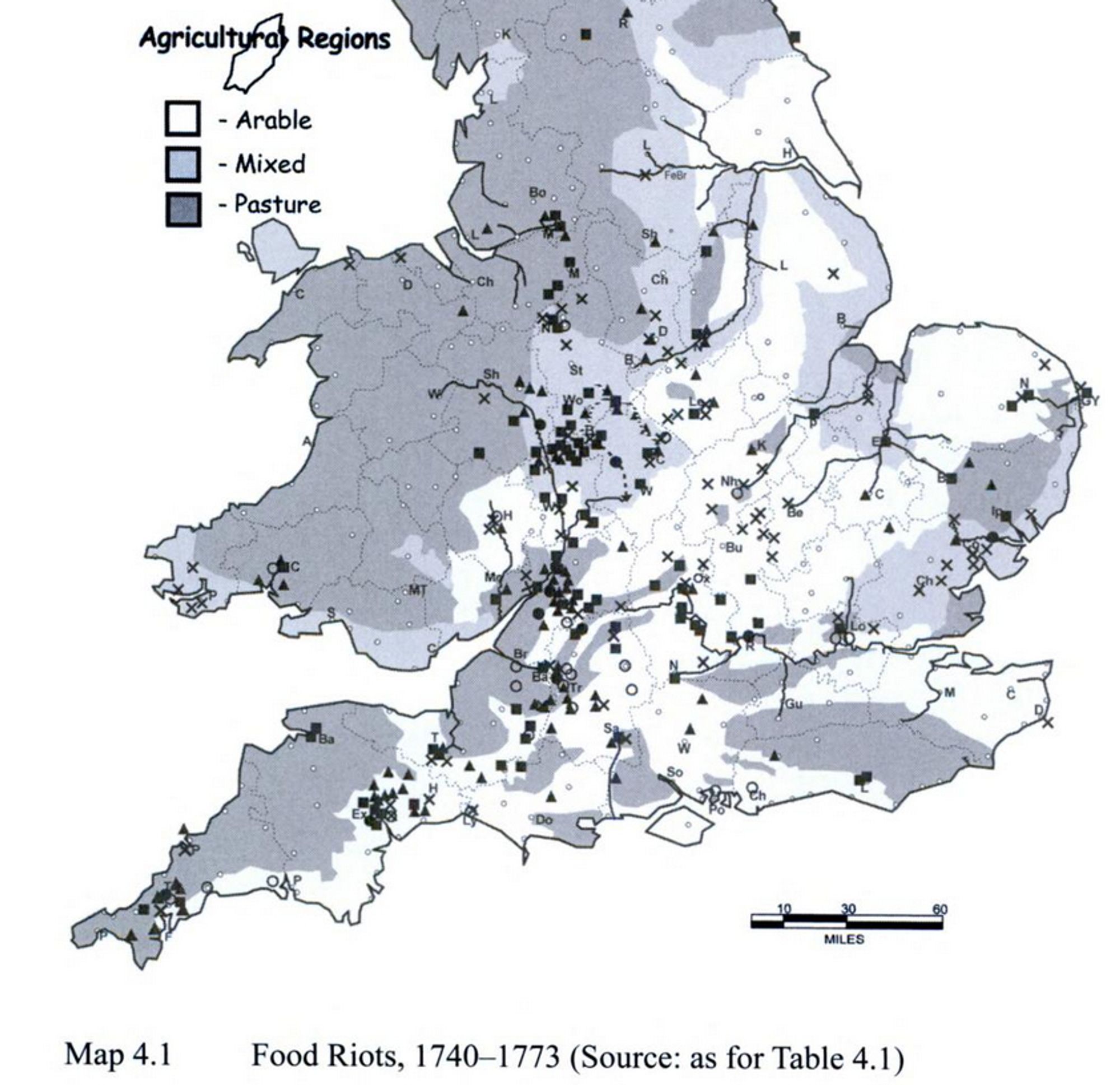 Map of food riots from John Bohstedt, The Politics of Provisions, p. 133.