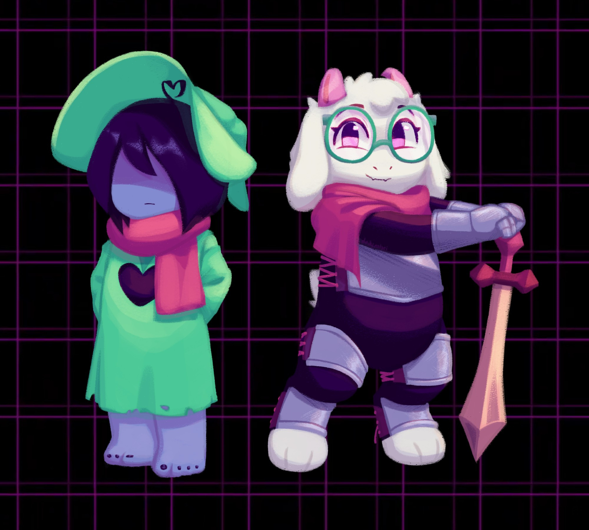 Kris and Ralsei swap outfits. Ralsei is wearing Kris's armor and mantle, and is holding Kris's sword. Kris is wearing Ralsei's hat, scarf, and robe. Their toenails are painted black.