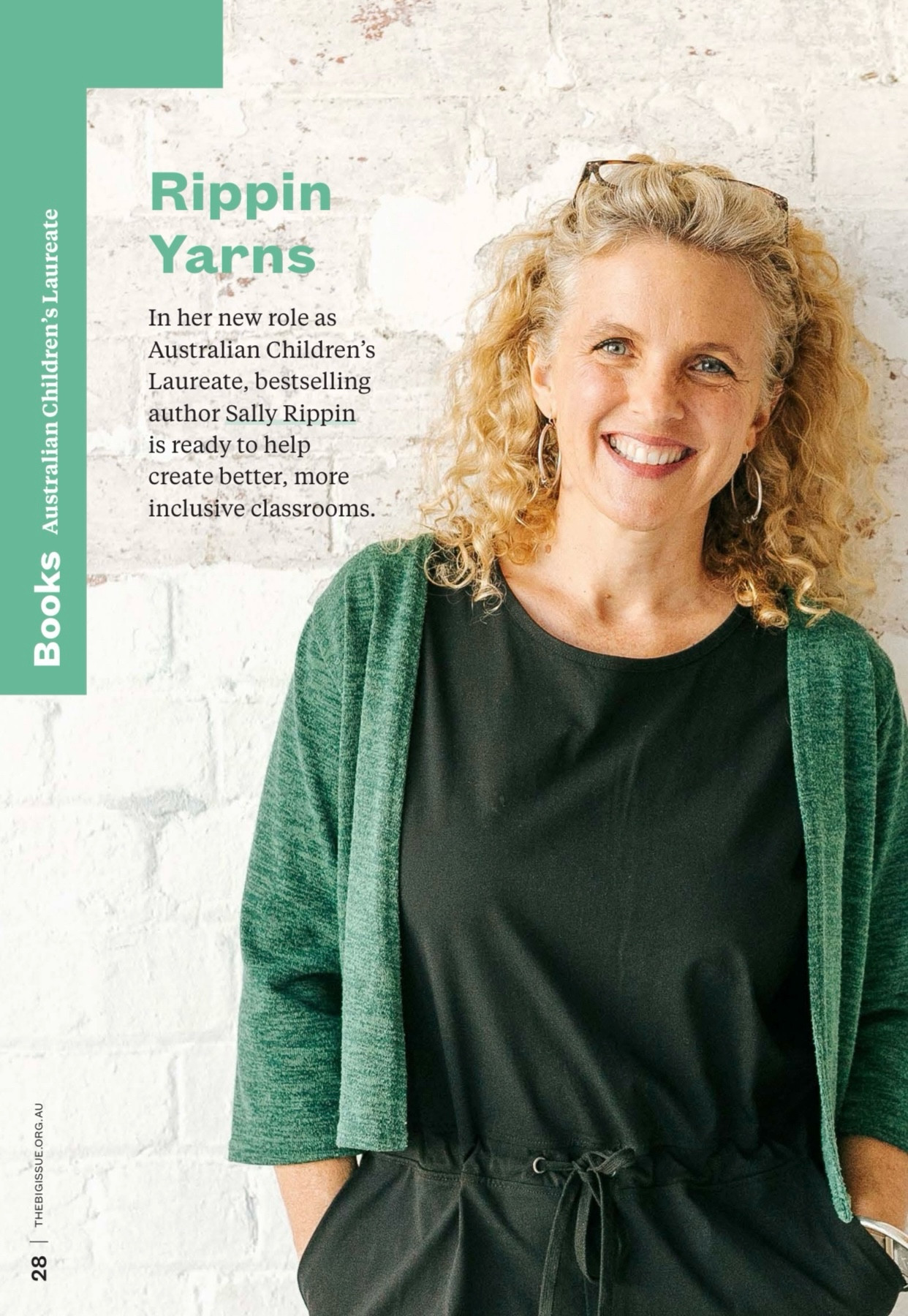 A headshot of Sally Rippin, a white woman with curly blonde hair, with the title Rippin Yarns