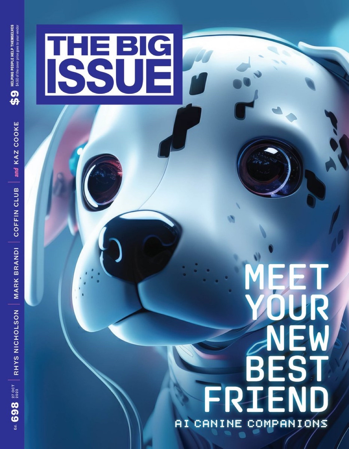 The cover of edition 698 of The Big Issue Australia, d’eau tiring a futuristic illustration of a dog