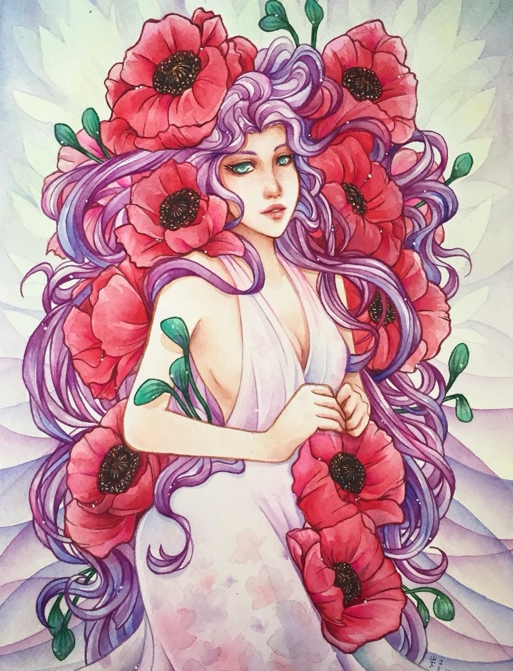 A female with long wavy purple hair, wearing a flowery dress and surrounded by large poppies. 