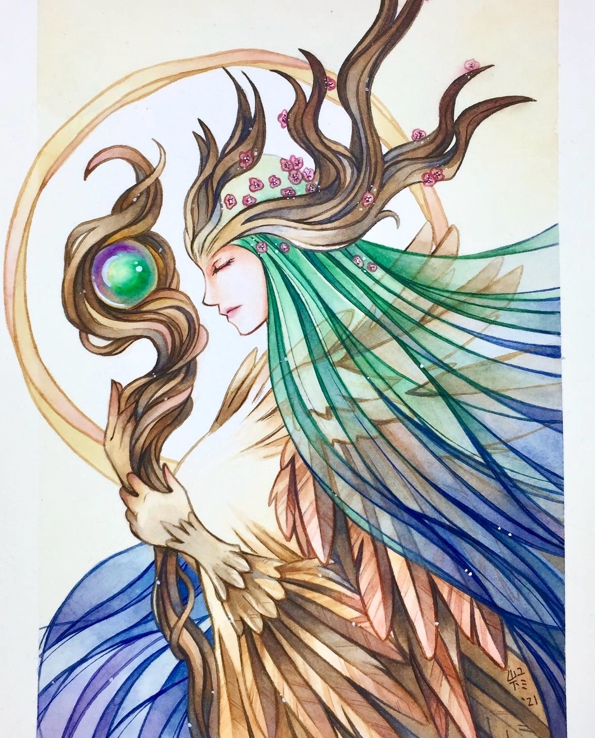 A female forest goddess with wooden horns, long blue and green hair and brown feathers, holding wooden staff encasing a purple-green orb.