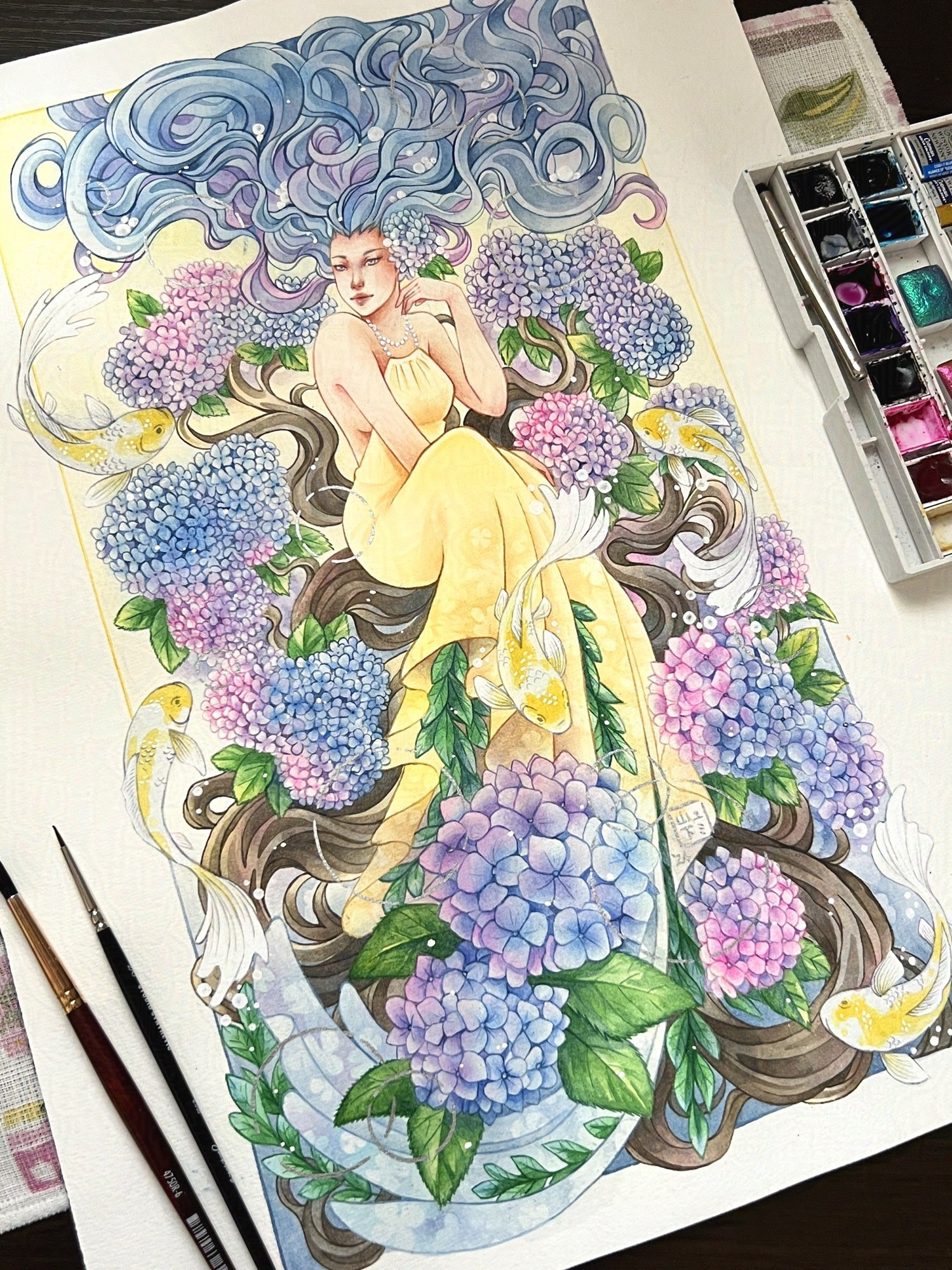 A female with long purple hair, sitting on twisting branches, surrounded by floating koi and blue, pink and purple hydrangea. 