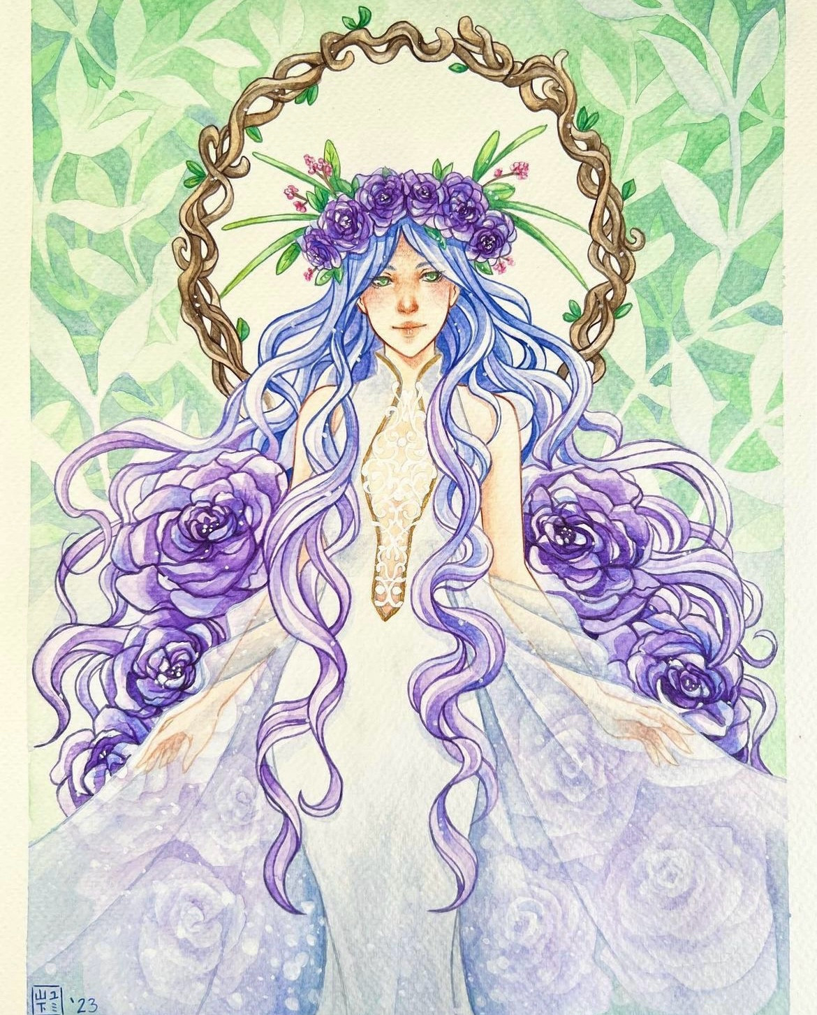 A female with long purple-blue hair, wearing a white flowing dress and a flower crown, surrounded by purple flowers. 