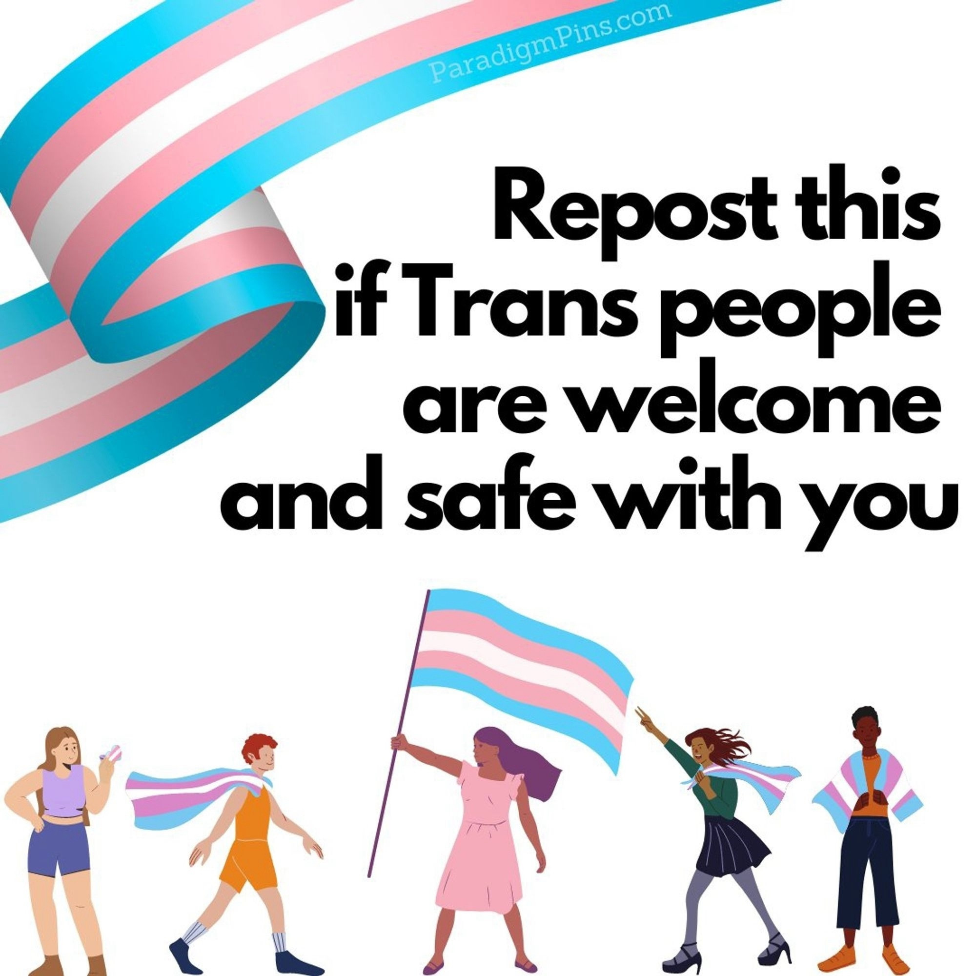 An inclusive transgender picture of those of all races waving their transgender flags along with draping them around their shoulders like a cape. A caption states “Repost this if Trans people are welcome and safe with you”
