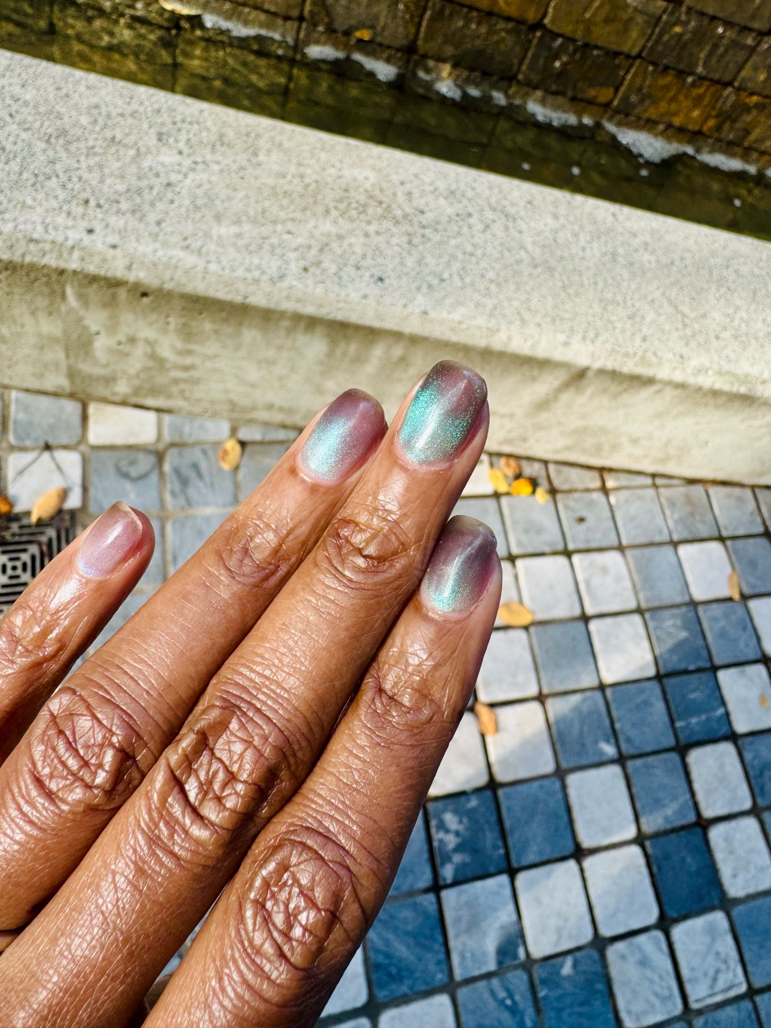 Picture of my hand with blue/purple cat’s eye nails