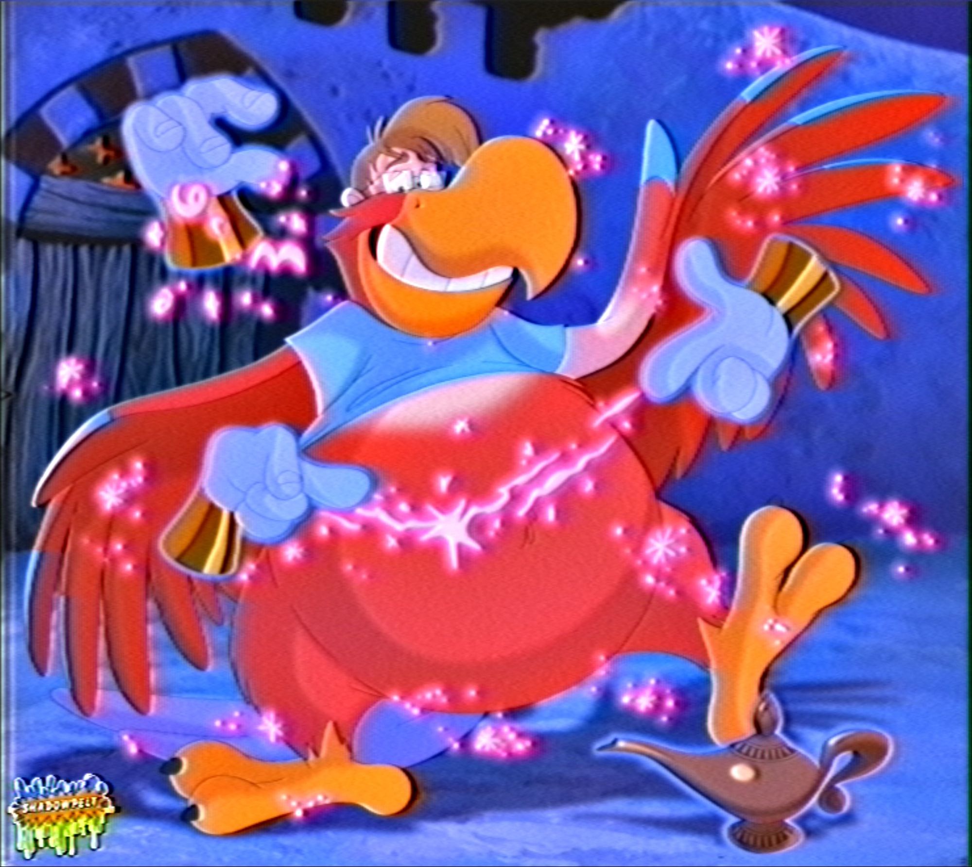 A human being transformed into Iago from Aladdin via magical Genie hands. The picture was given a vhs filter to make it look as if it was ripped from a 90s cartoon.