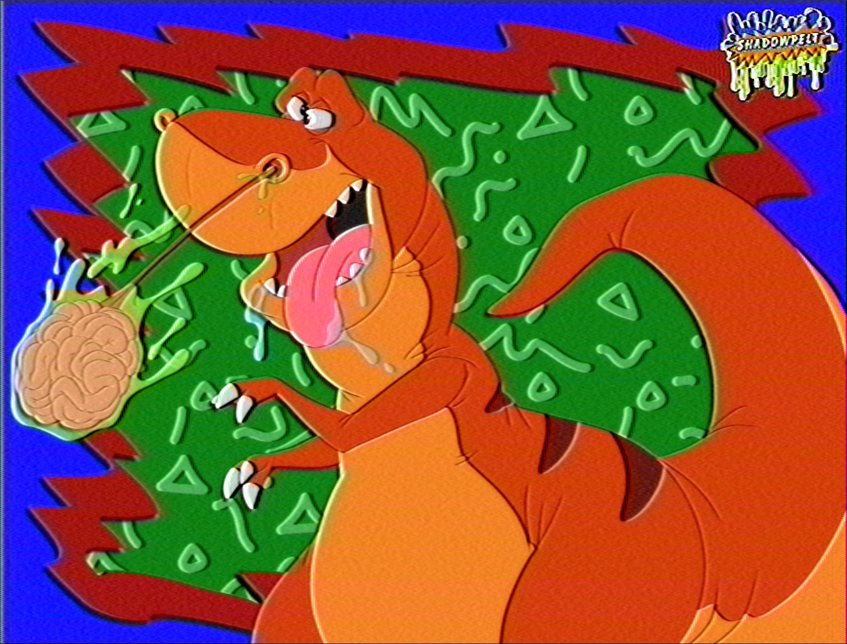 Rex from We're Back: A Dinosaur's Story sneezing his brain out.