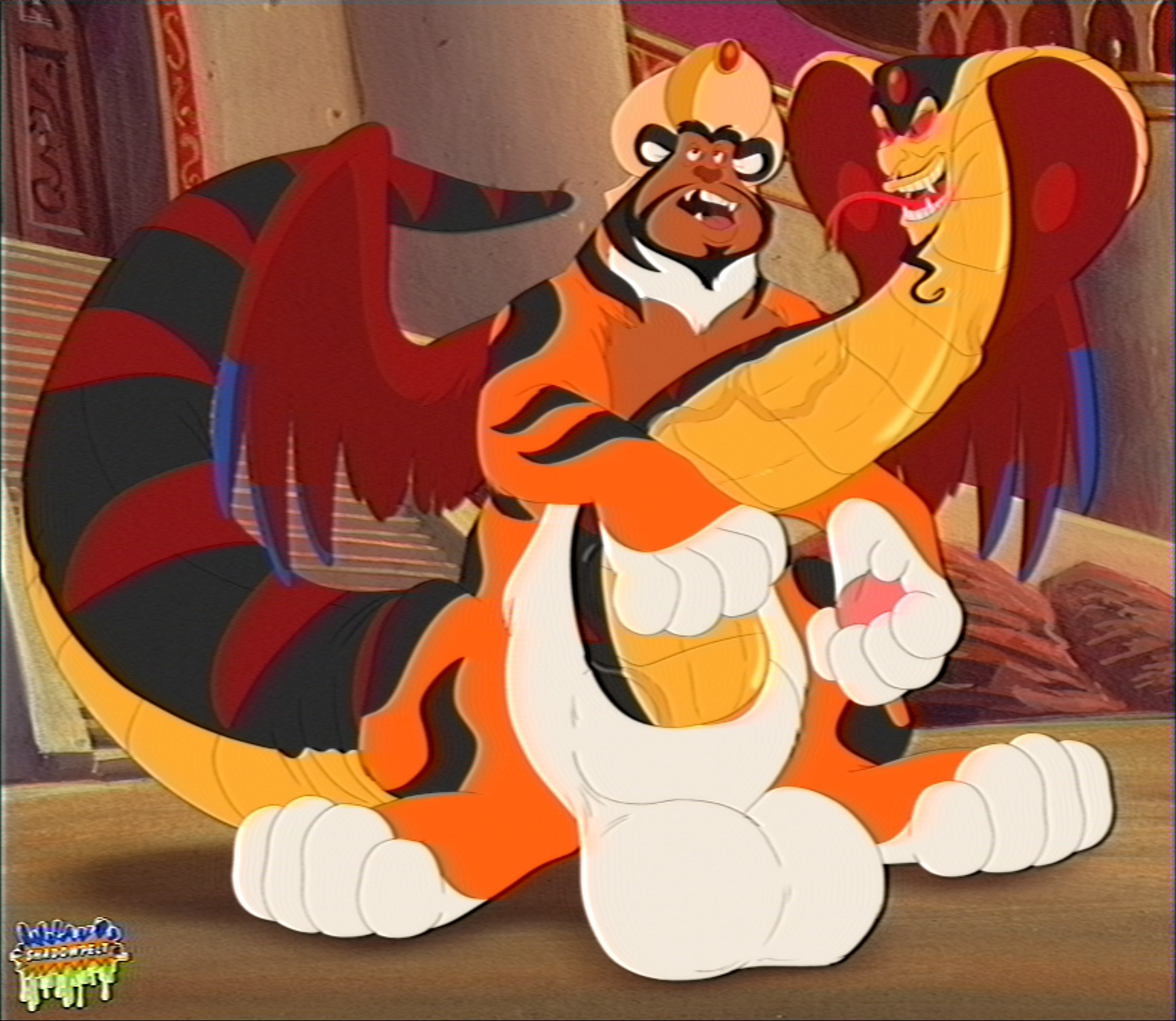 Jafar merging with Razoul to become a tiger, snake, parrot chimera. With a snake-cock, hyper balls and massive paws.