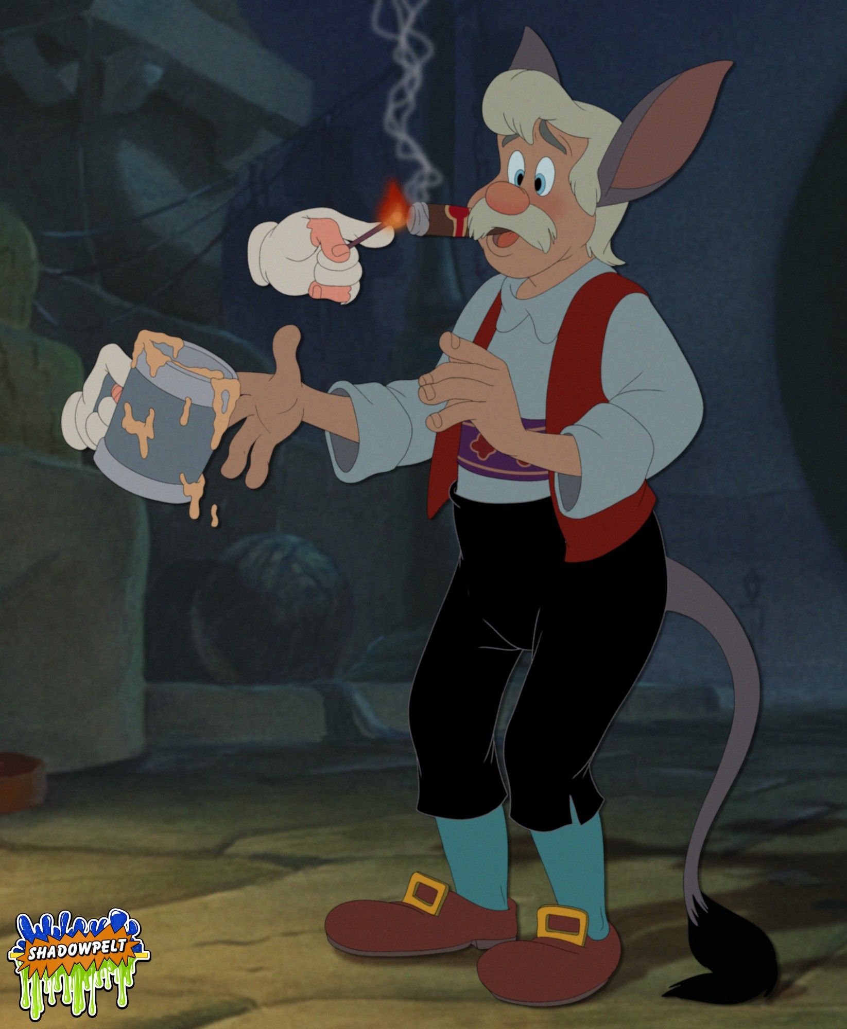 Geppetto from Pinocchio being handed a mug of beer and having a cigar shoved in his mouth and lit by two, disembodied hands. A donkey tail and a pair of donkey ears have sprouted from Geppetto.