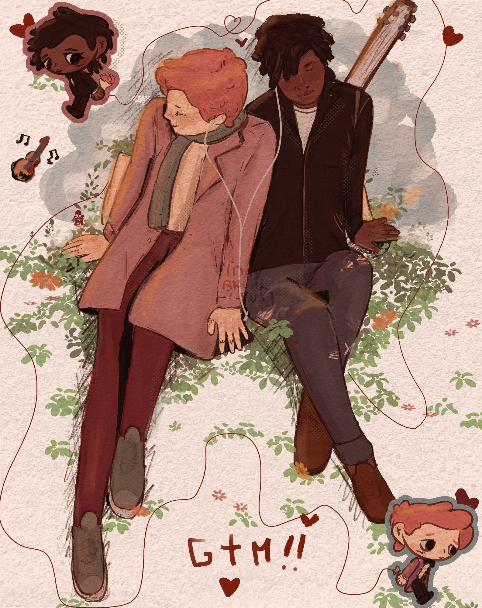 digital fanart of Gary and Marshall from Fionna and Cake. They're sitting and sharing earphones with their eyes closed. Gary is facing away they both look happy. Marshall has his guitar behind him. They also have tote bags on their sides. There are leaves and flowers behind and under them. 
There are two chibis, Marshall on top left and Gary on bottom right, back to back on opposite sides, with the same pose. Marshall is holding a bouquet of flowers behind his back, Gary is holding a cookie shaped like a cookie man. They're both smiling and blushing. The two are connected with a red string of fate that also forms and heart in the middle. There is a text on the bottom of the page "G+M!!" with hearts around the image. The background is like a page from a sketchbook. There are doodles of stars and hearts and flowers around the page.