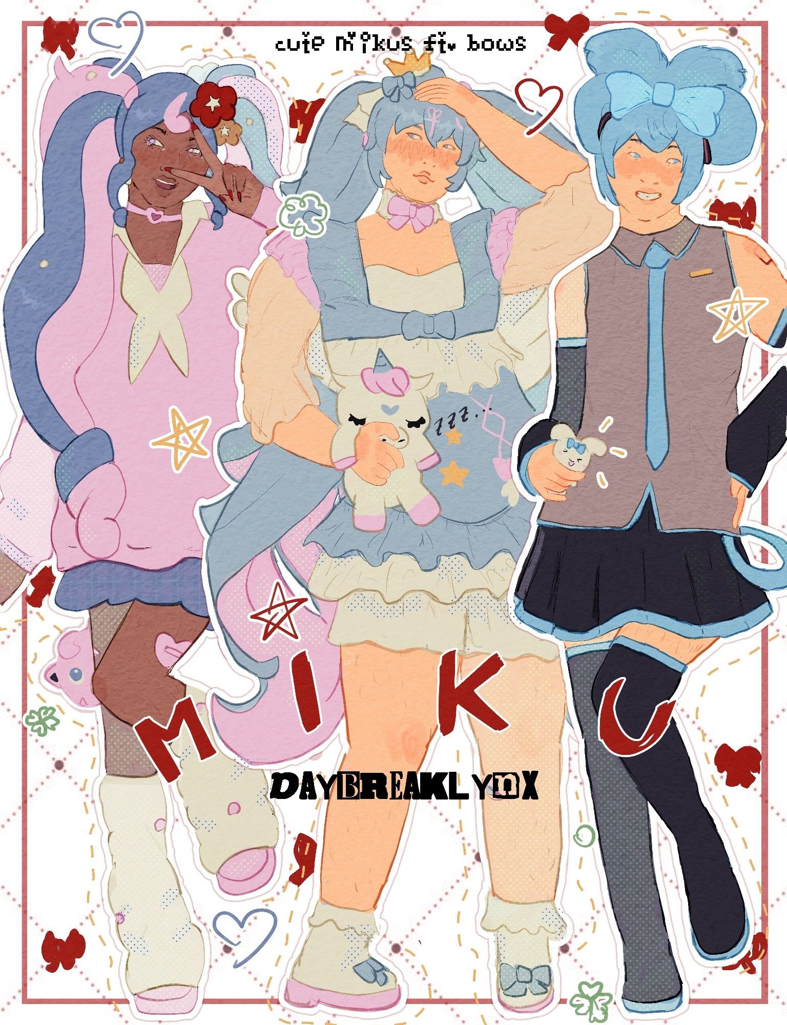 digital fanart of 3 Hatsune Mikus. First is the pokemon fairy type Miku design, she is portrayed with darker skin. She is posing smiling doing a peace sign in front of her face and with a leg up in front of the other cutely. A small jigglypuff is hiding behind her leg.
Next to her there is Yumekawa princess Miku. She has one hand on her hair and is holding an unicorn plushie. She is portrayed as a fat woman. One of her legs is half turned.
Next to her there is 2023 cinnamoroll Miku with her hair tied up in a big bow. She is posing with one hand resting on her stomach(while holding a very small cinnamoroll) and the other on her side. She is a standard Miku. Text on the drawing says "Miku" and on top "cute mikus ft.bows". There are doodles of stars and hearts and flowers and bows around the drawing