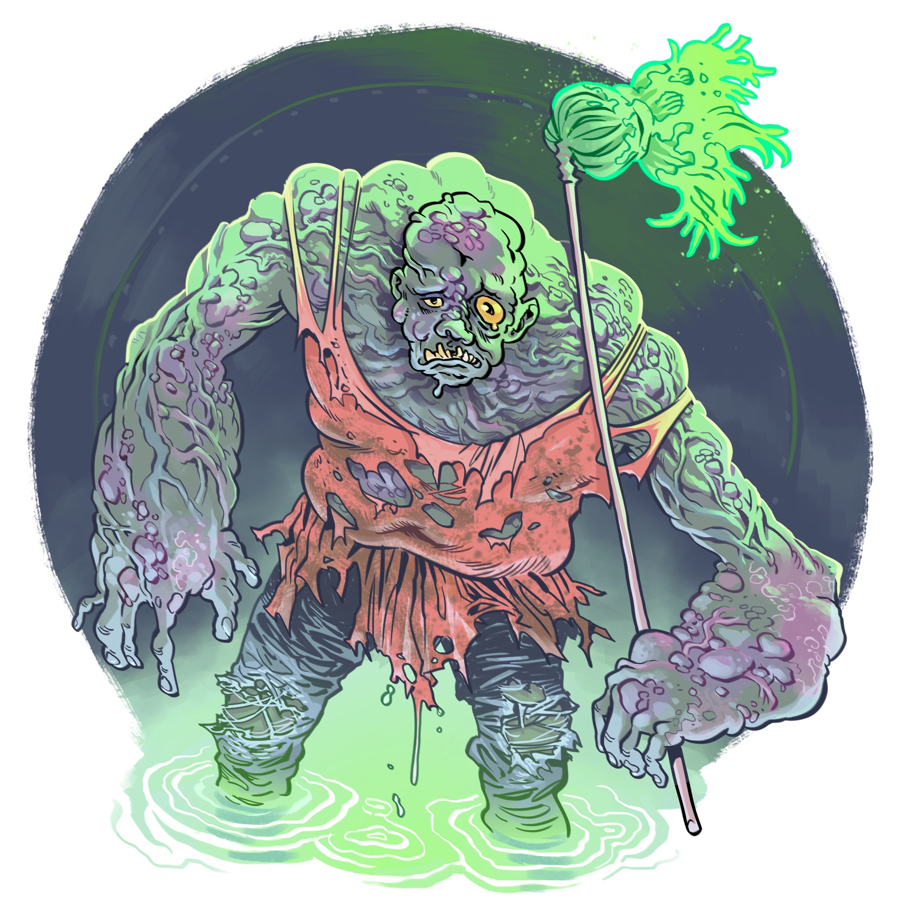 Toxic Avenger is a green hulking mass of tumors, tangled veins, and knotted muscles, wading through knee high green sludge and carrying a irradiated janitor's mop.