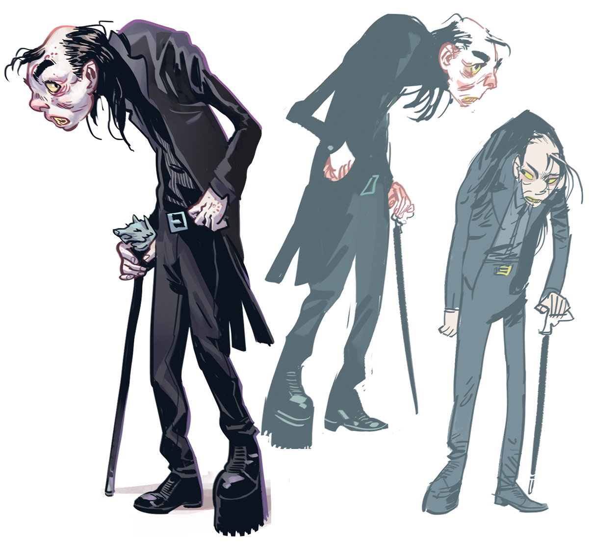 Fritz Garbinger has anisomelia and is hunched over his wolf-headed walking cane. His glossy black hair is disheveled. He looks like he needs rest. 