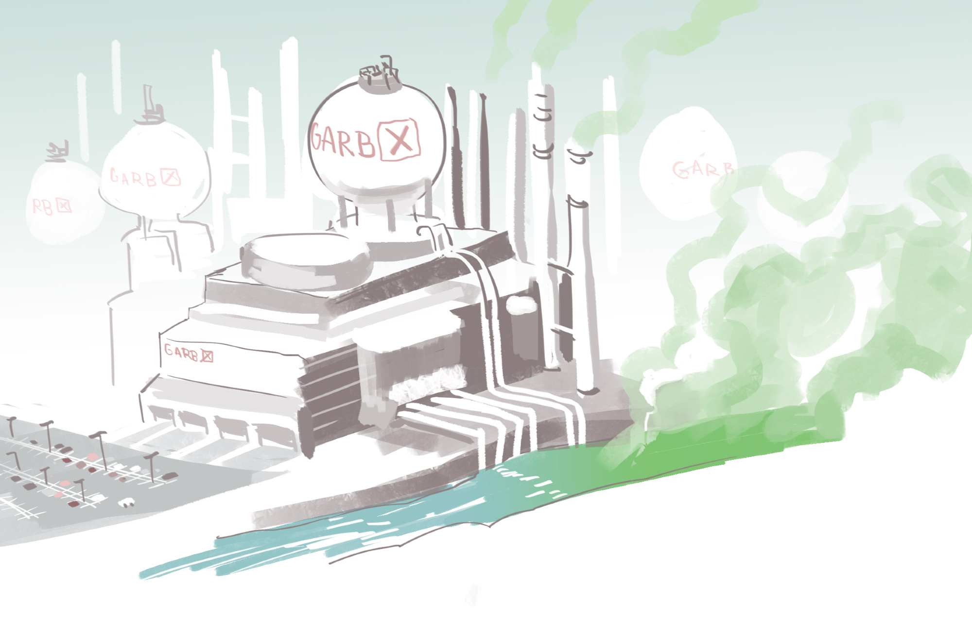 This Garb-X factory is more sleek and sterile. Like a Tesla factory. Also evil like a Tesla factory.