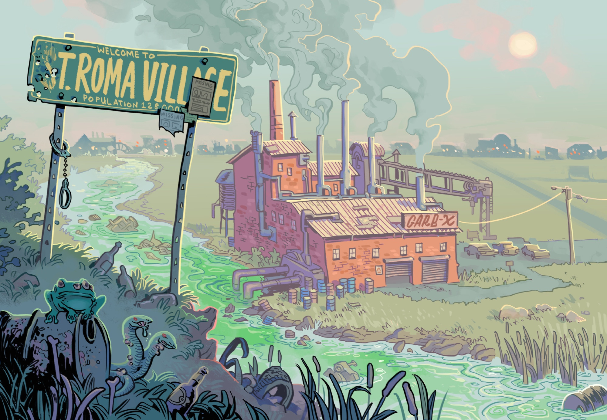 landscape of a factory "Garb-X" dumping toxic waste into a nearby river. the scene is decorated by filth and mutant animals.
