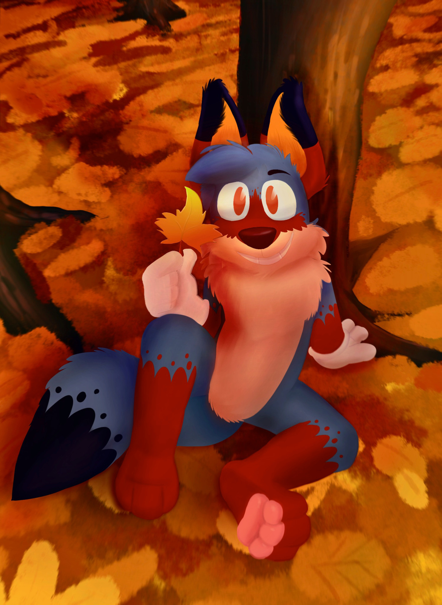 an anthropomorphic coyote sitting on a ground covered in autumn leaves. The background is filled with warm fall colors. The character has a cheerful smile. They are holding a yellow-orange leaf in one hand while sitting against a tree. The character's fur is a combination of dark blue and red with a lighter peach colored chest and inner ears.