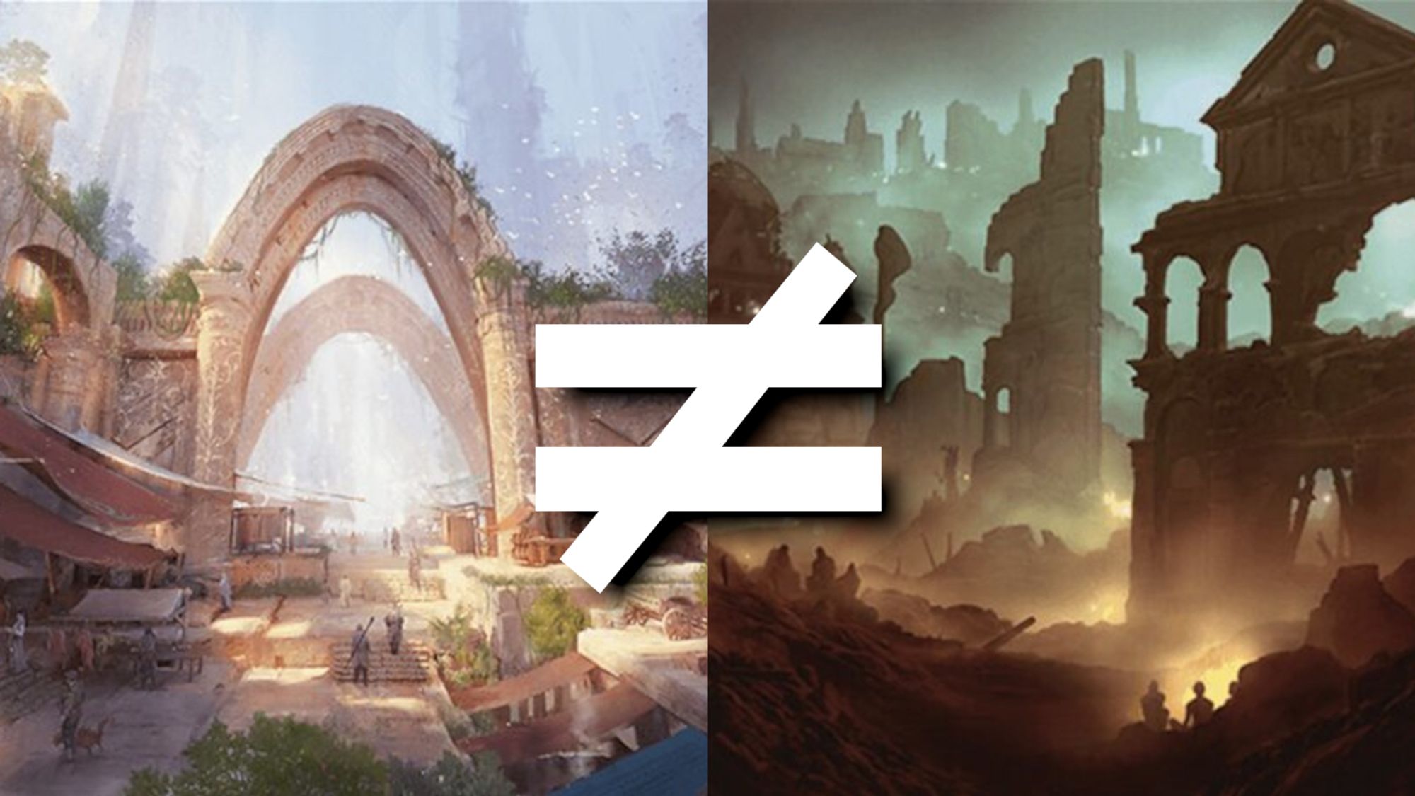 Art of the Magic: The Gathering Cards "Commercial District" and "Gruul Turf" with a "not equals" sign between them.