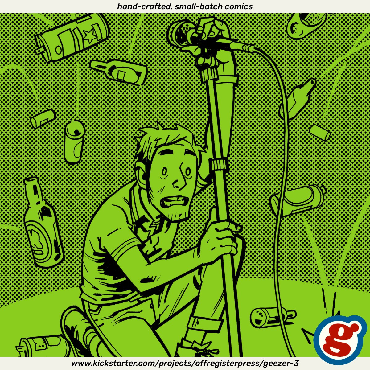 ad for Geezer 3 comic book kickstarter. singer Martin amid a hail of bottles and cans.