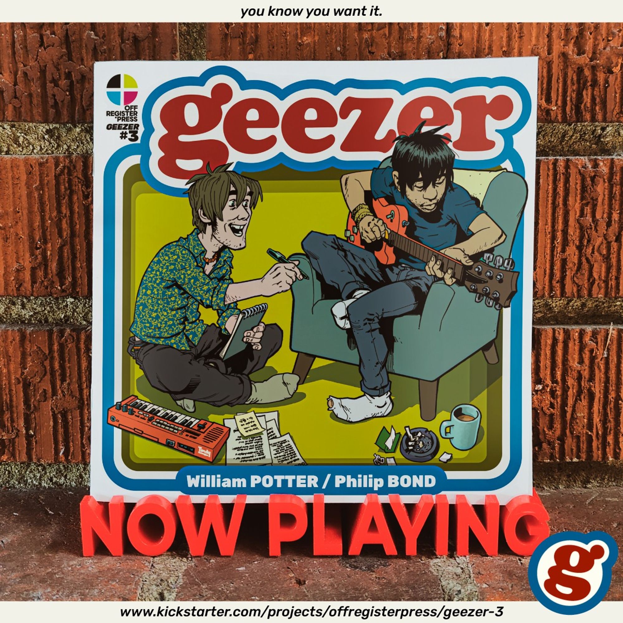 Ad for the Geezer issue 3 Kickstarter. Mockup of "Geezer" comic on a "NOW PLAYING" display.