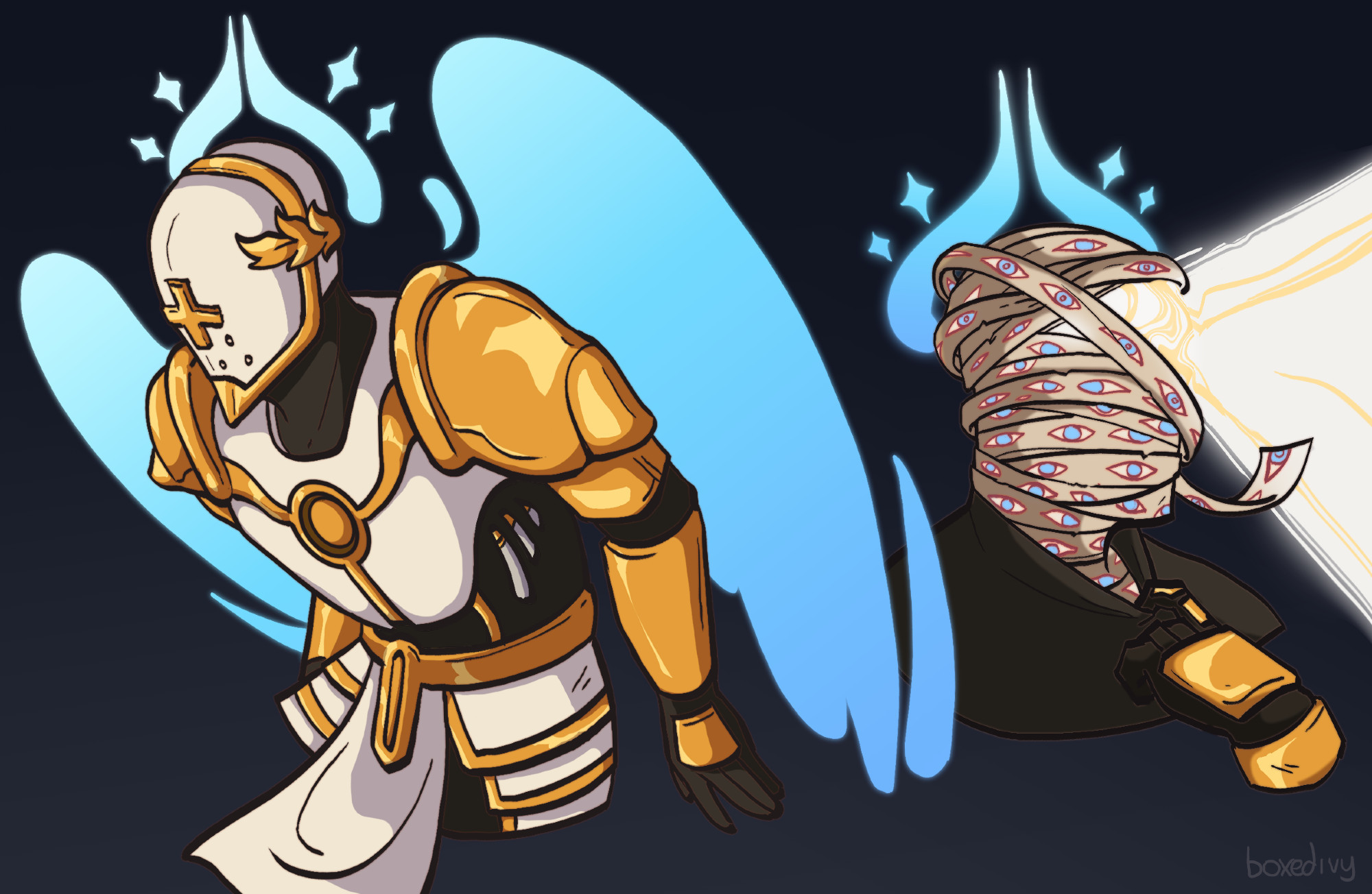 Two Gabriels. One on the left is a waist-up drawing with his wings out. The other on the right is a headshot without his helmet - a humanoid made of light contained only by bandages with repeating eye patterns. 